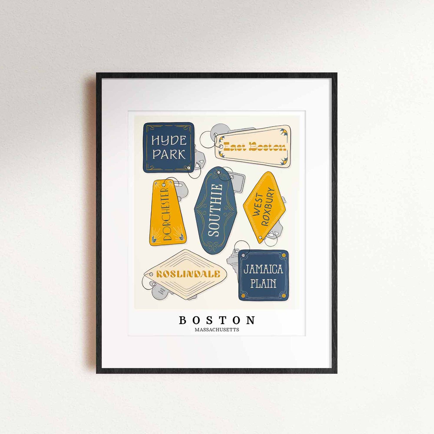 Hand-drawn Boston neighborhood key fob art print in the Golden Hour blue and gold color palette.