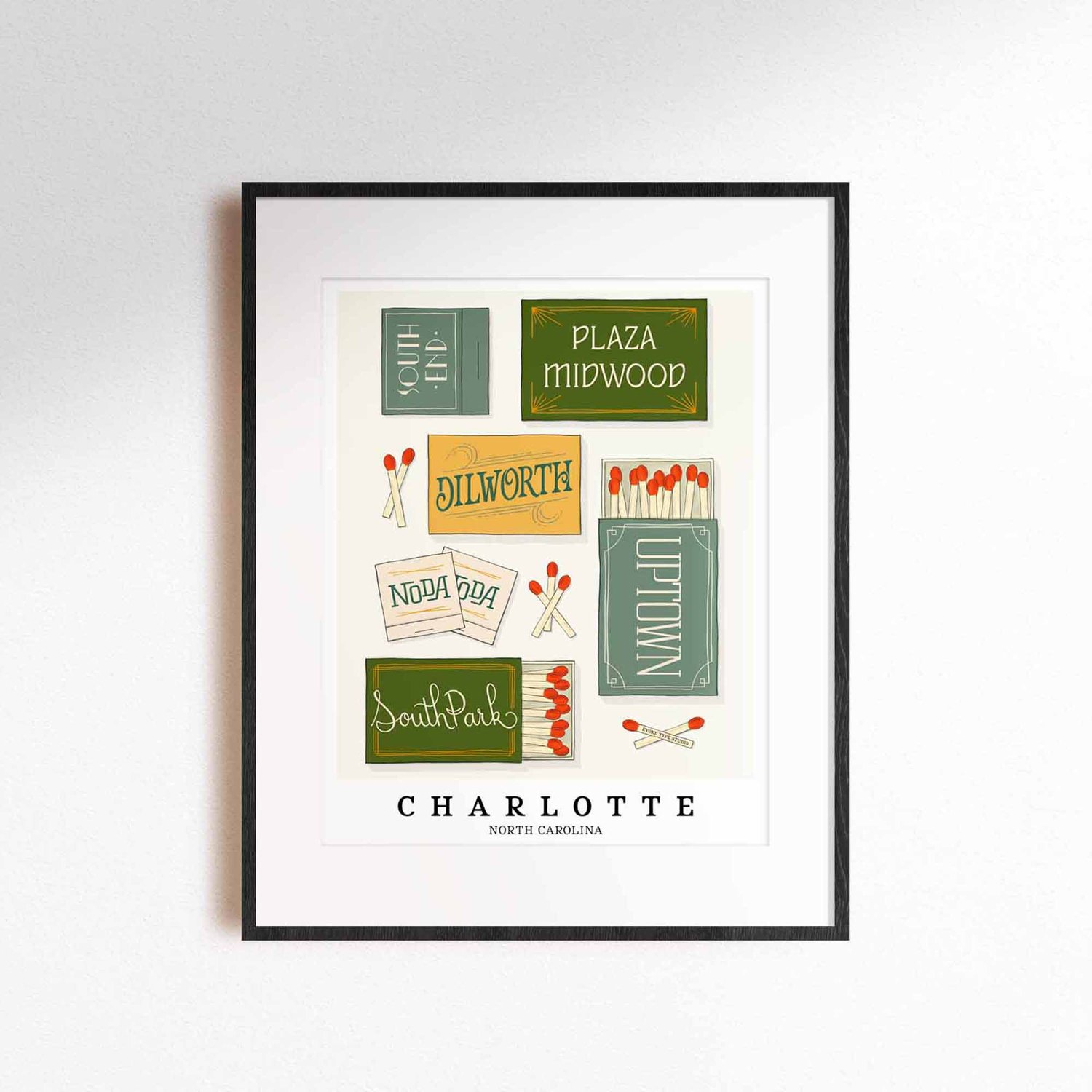 Hand-drawn Charlotte matchbox wall art featuring custom lettering in green, blue, and yellow tones