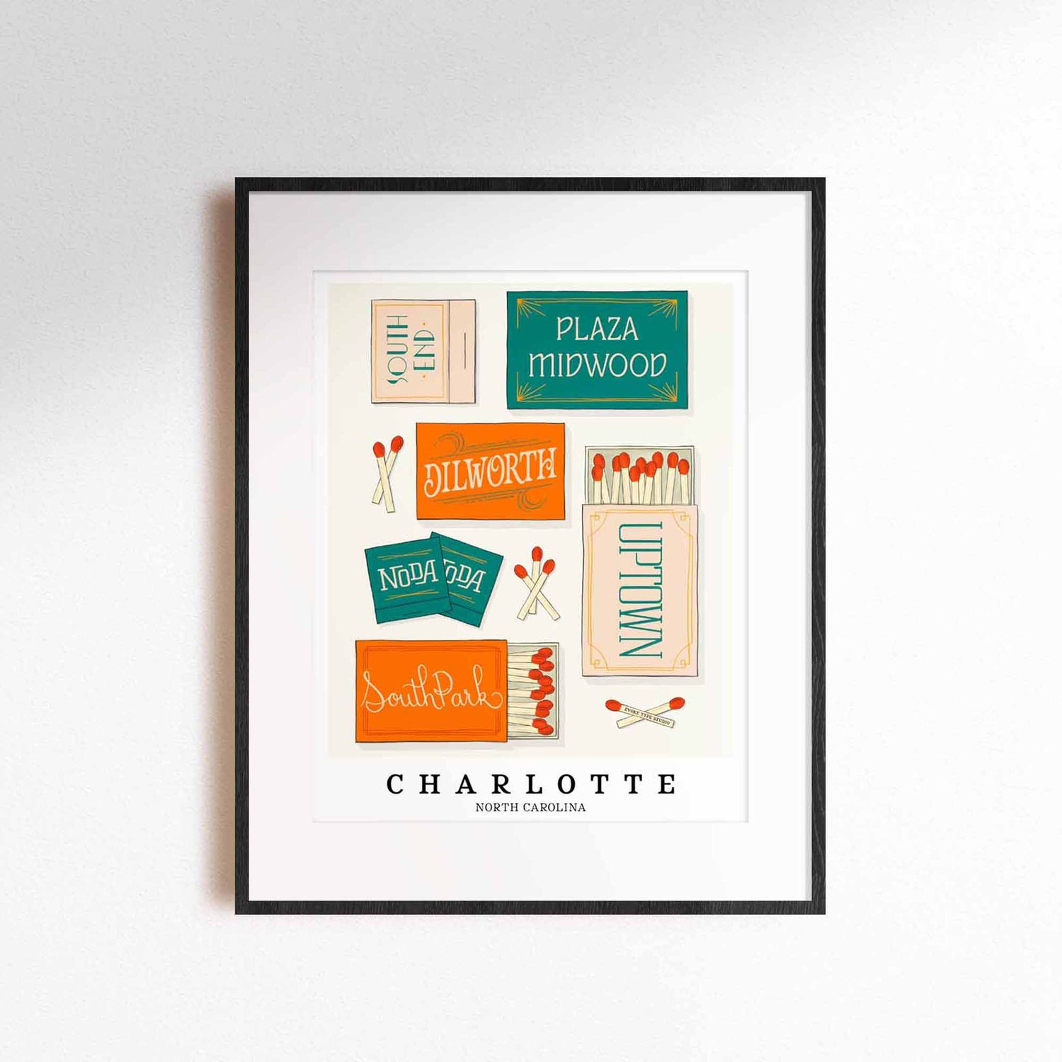 Charlotte neighborhood matchbox art print with bold, hand-lettered typography in the Retro Feels color palette