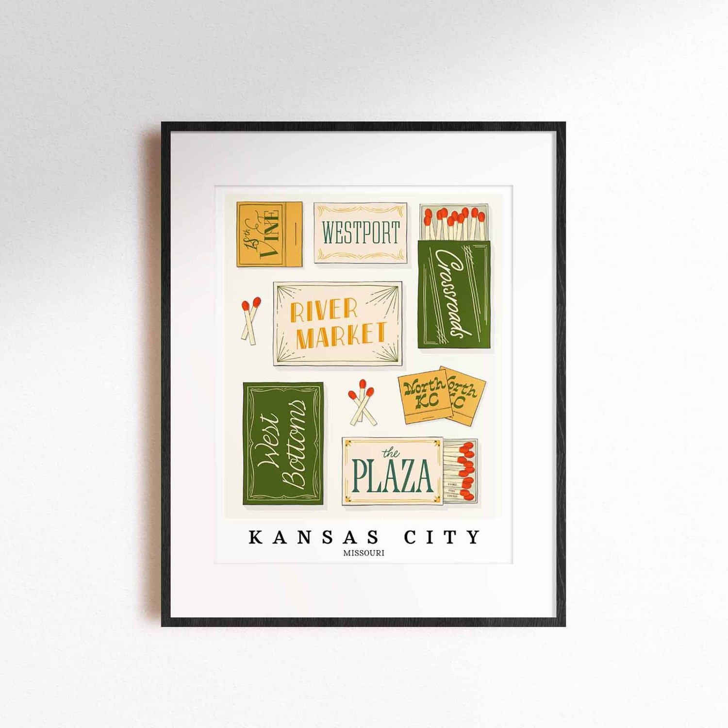 A framed picture of Kansas City, Missouri neighborhoods drawn in various lettering styles on matchboxes. Artwork has a green, yellow, white and blue color scheme