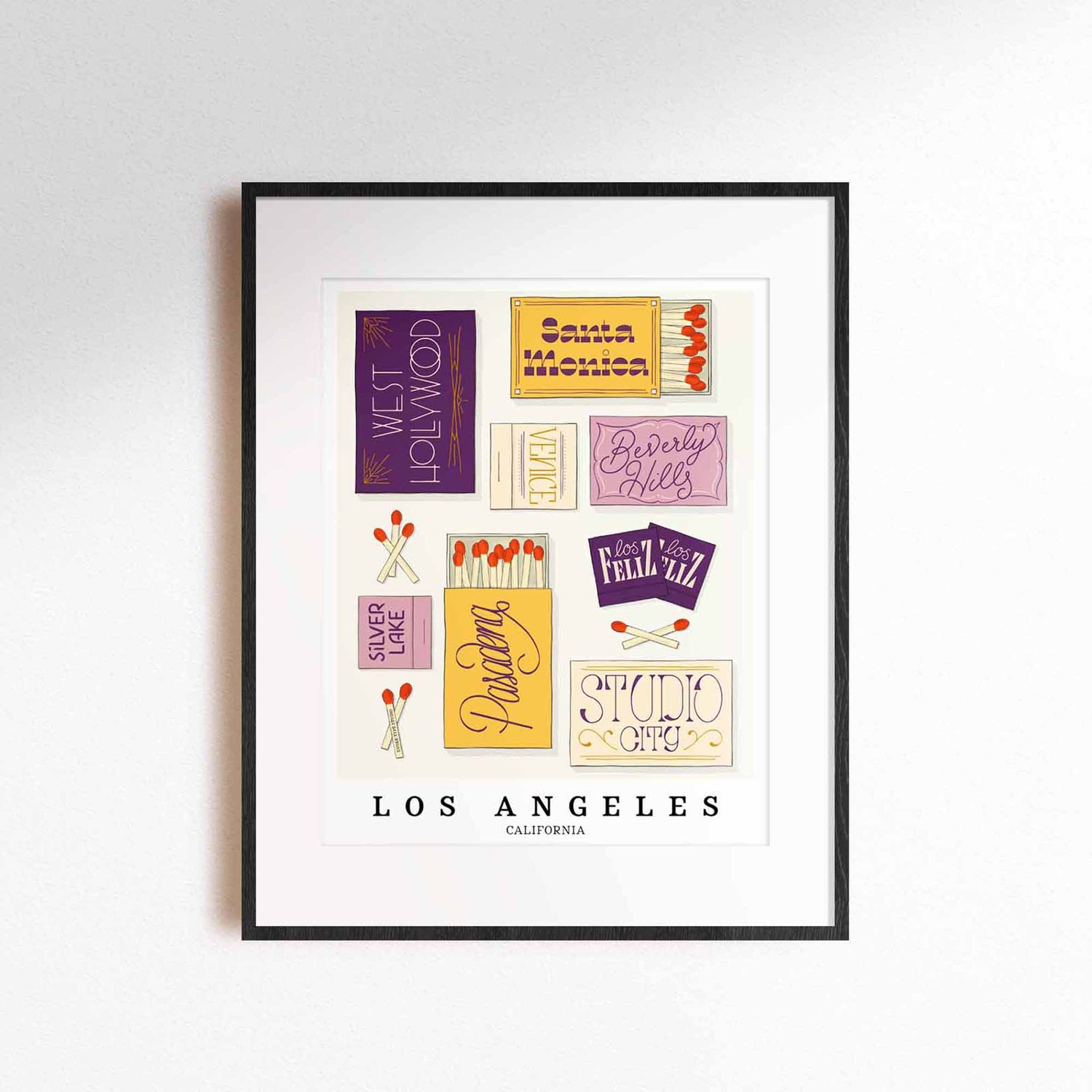 A framed picture of Los Angeles, California neighborhoods drawn in various lettering styles on matchboxes. Artwork has a purple and yellow color scheme.