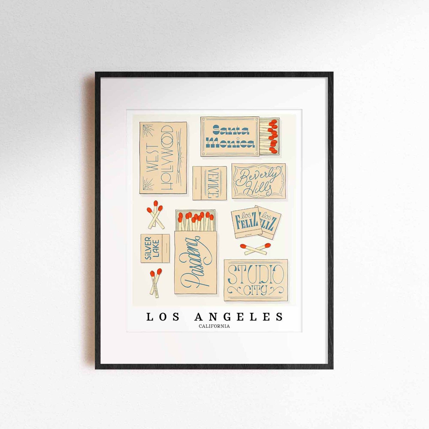 A framed picture of Los Angeles, California neighborhoods drawn in various lettering styles on matchboxes. Artwork has a beige and blue color scheme.