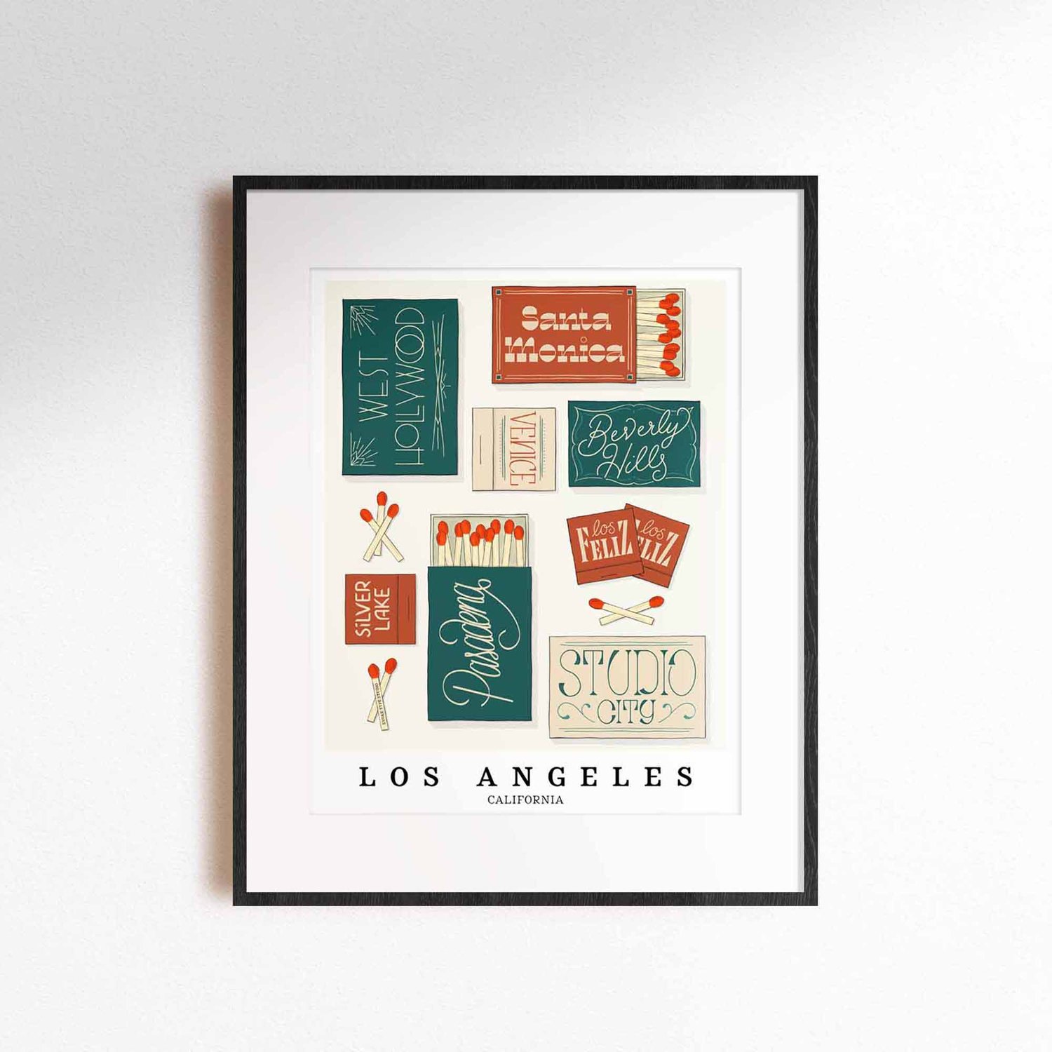 A framed picture of Los Angeles, California neighborhoods drawn in various lettering styles on matchboxes. Artwork has a green, orange and tan color scheme.