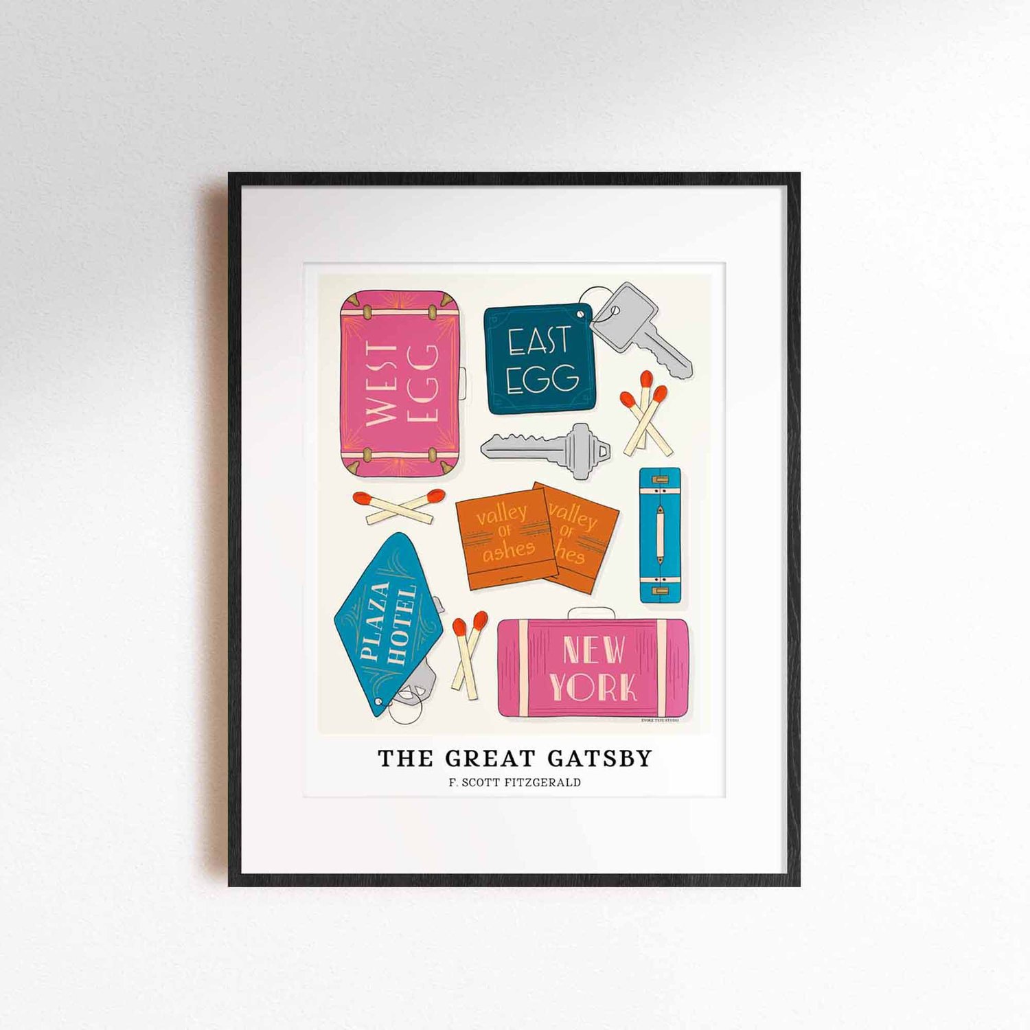 Illustrated Great Gatsby print with expressive hand-drawn lettering and vibrant Roaring Twenties colors