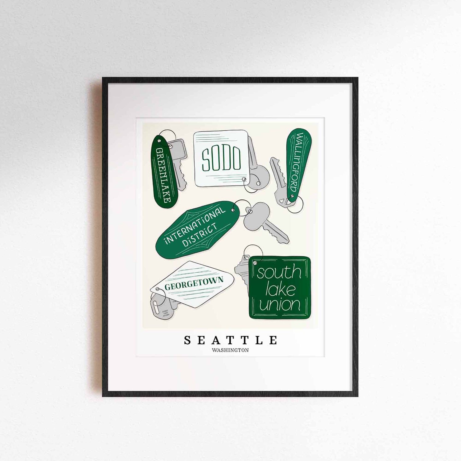 A framed picture of Seattle, Washington neighborhoods drawn in various lettering styles on key fobs. Artwork has a green and white color scheme