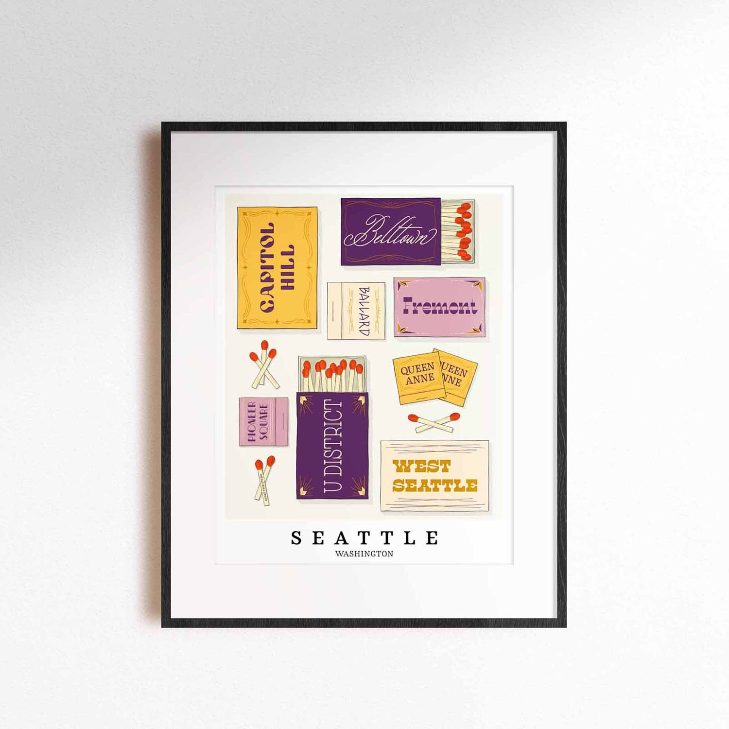 A framed picture of Seattle, Washington neighborhoods drawn in various lettering styles on matchboxes. Artwork has a purple and yellow color scheme
