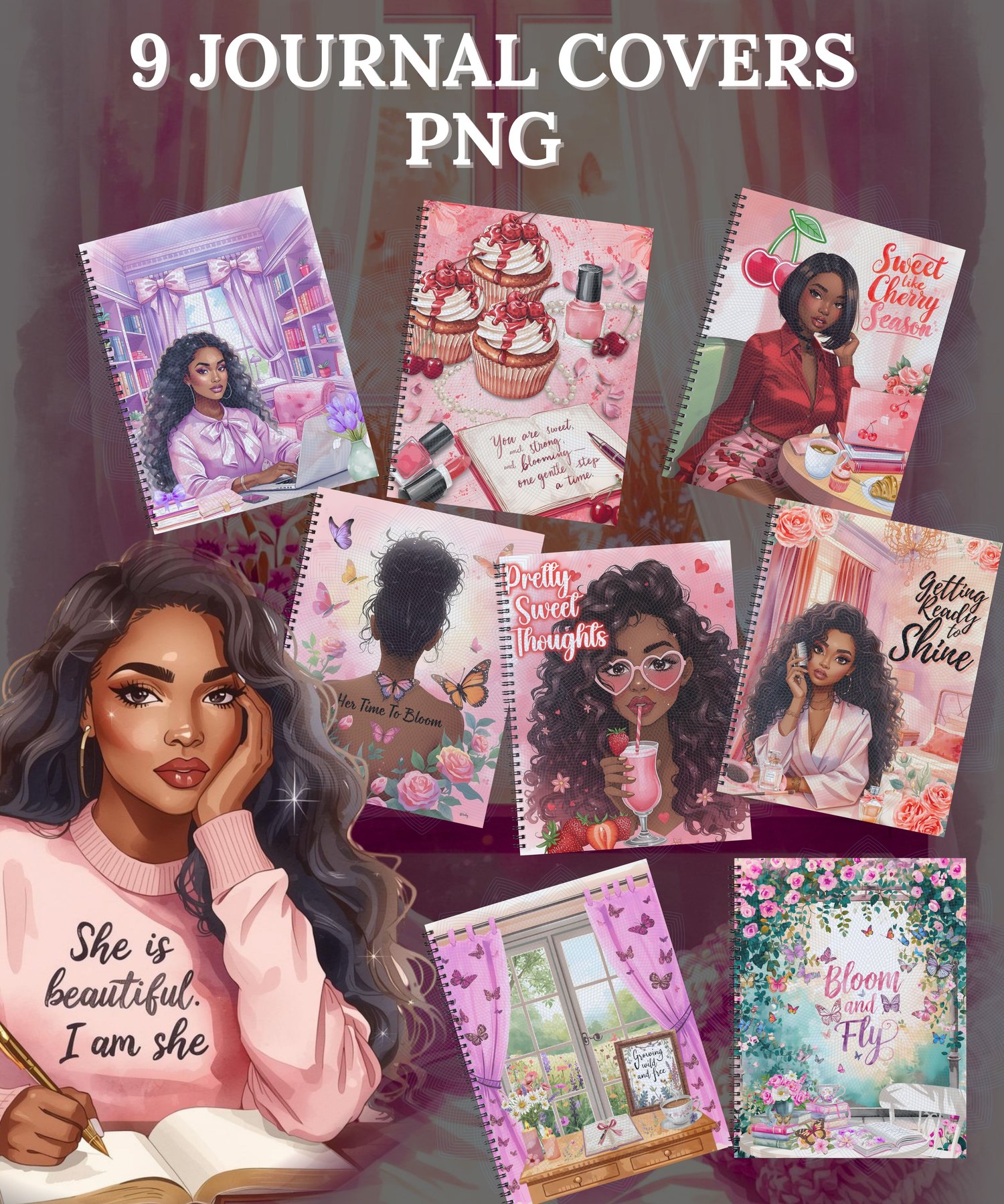 digital journal covers, black girl journal cover, aesthetic planner cover, GoodNotes covers, feminine planner bundle, printable notebook covers, self-care journal, soft life aesthetic, Payhip journal template, Canva cover templates, digital stationery bla