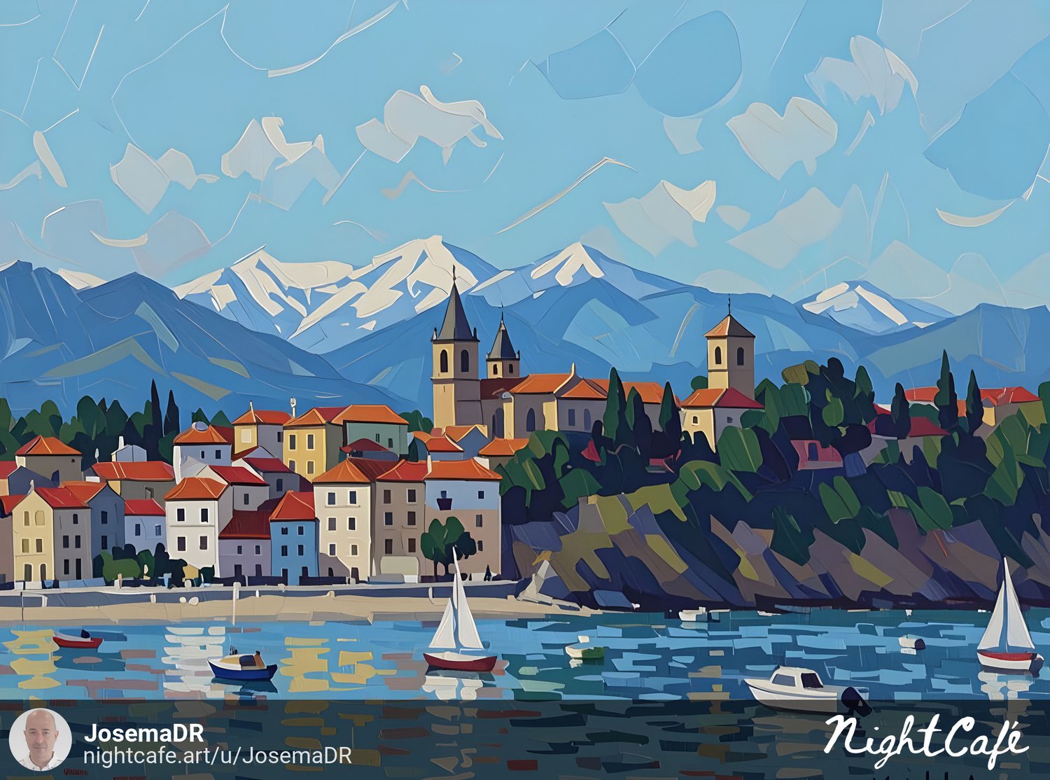 Oil painting of Saint Vincent de la Barquera in winter