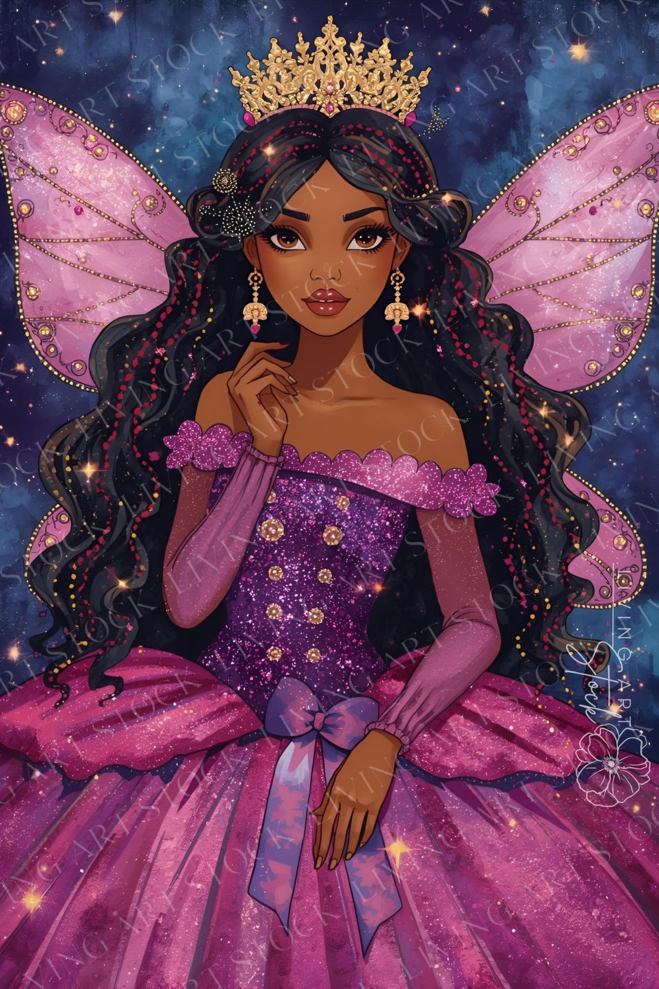 A vibrant, vertical illustration of a beautiful Black fairy princess with deep skin tone and long, dark, wavy hair adorned with sparkling beads and a gold crown. She is wearing an elaborate, off-the-shoulder gown in shades of hot pink and glittering purpl