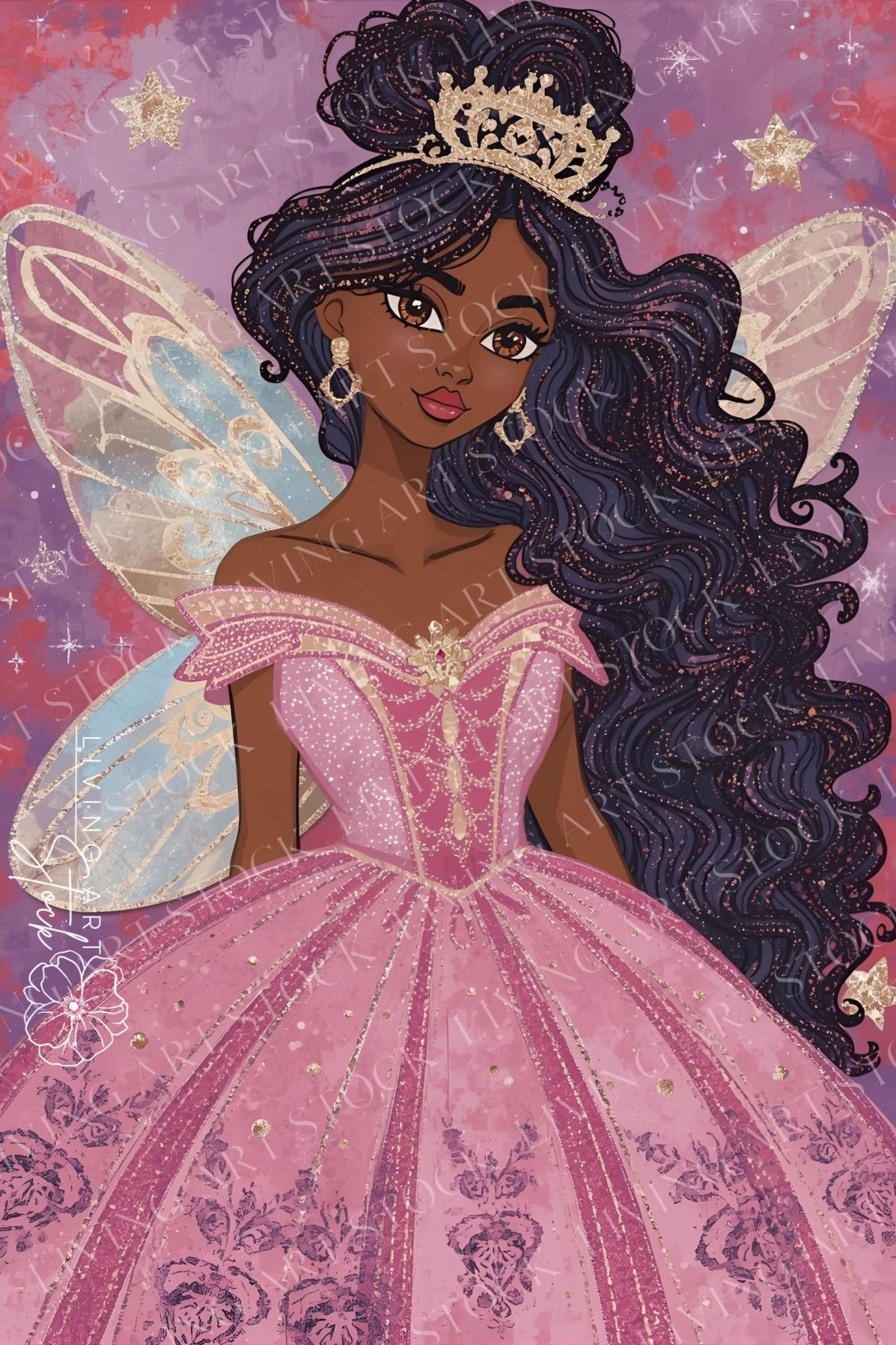 A beautiful, vertical illustration of an elegant Black fairy princess with a rich skin tone and long, dark, wavy hair styled in a partial updo, dusted with glitter. She wears a lavish, off-the-shoulder sparkling pink gown with intricate gold detailing and