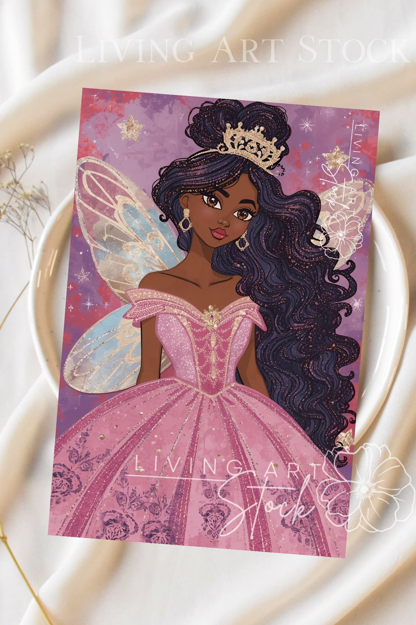 A beautiful, vertical illustration of an elegant Black or biracial fairy princess with a rich skin tone and long, dark, wavy hair styled in a partial updo, dusted with glitter. She wears a lavish, off-the-shoulder sparkling pink gown with intricate gold d