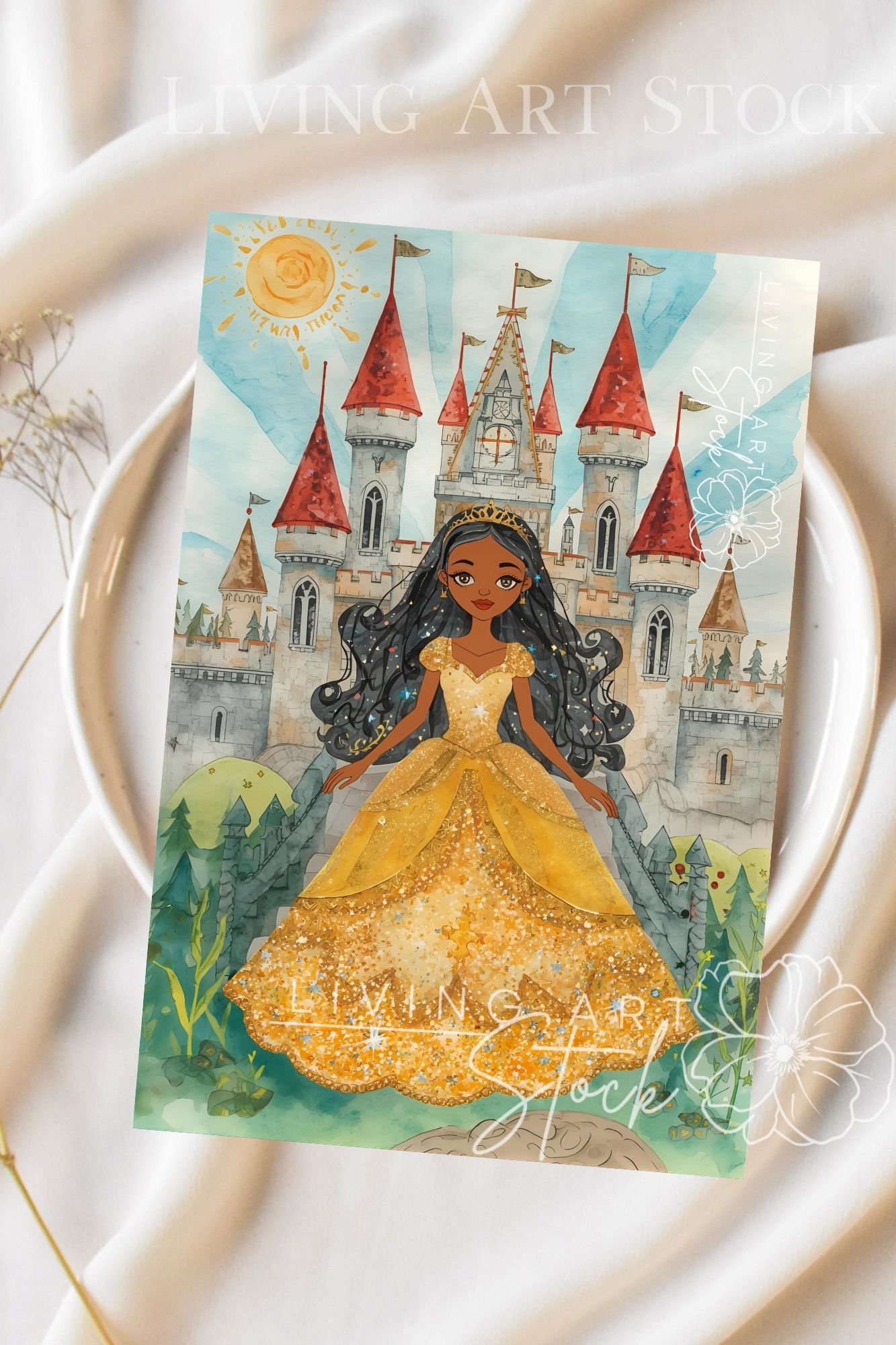 A cheerful, vertical illustration in a watercolor style featuring a young Black princess with long, dark, wavy hair, standing confidently in front of a grand, gray stone castle with red roofs. She is wearing a magnificent, sparkling gold gown that cascade