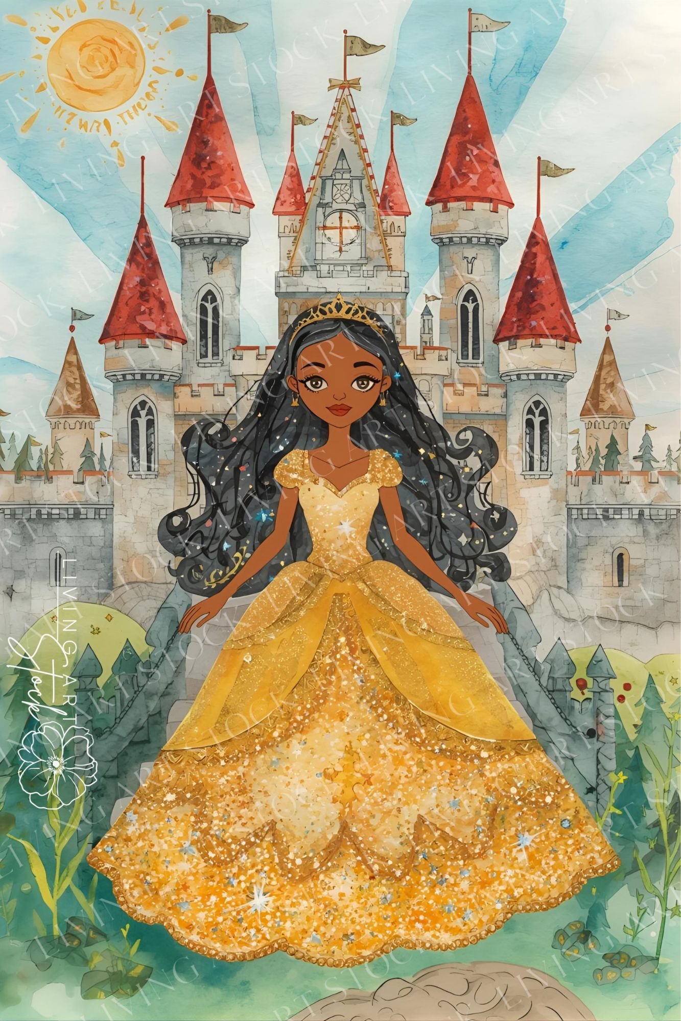 A cheerful, vertical illustration in a watercolor style featuring a young Black princess with long, dark, wavy hair, standing confidently in front of a grand, gray stone castle with red roofs. She is wearing a magnificent, sparkling gold gown that cascade