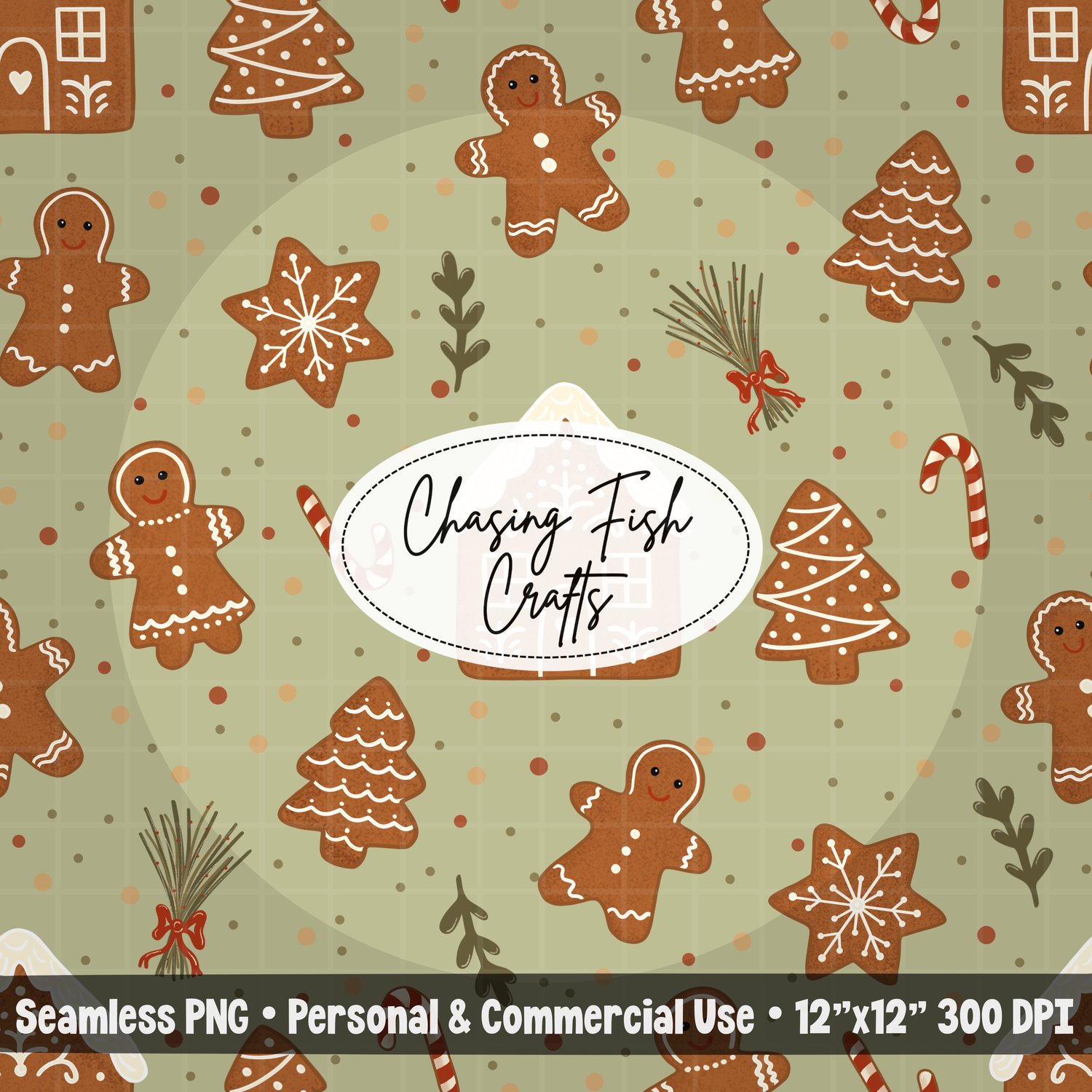 Gingerbread Christmas Cookies Green Hand-drawn Seamless Pattern ...