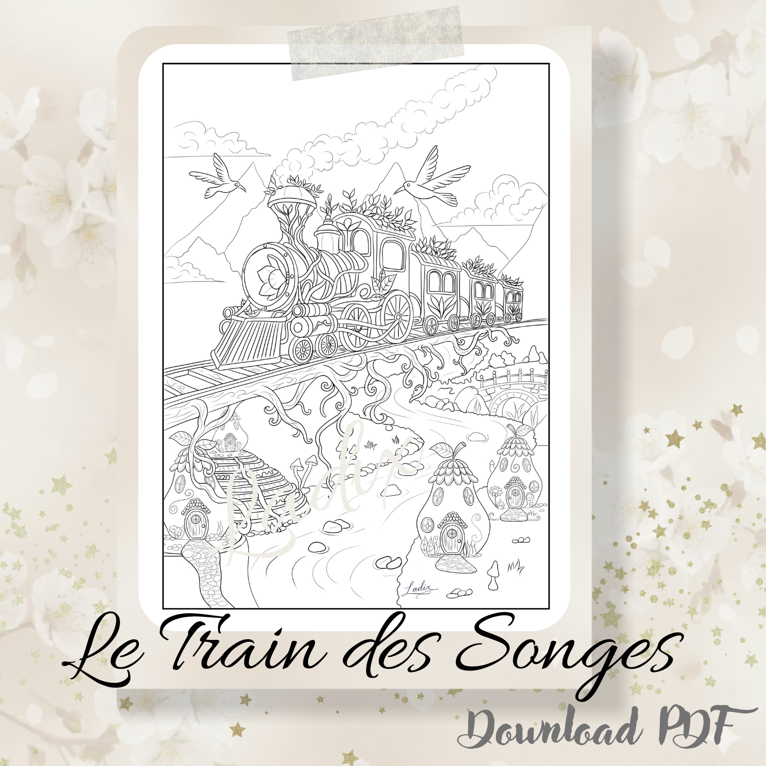 Le Train des Songes – Fantasy Adult Coloring Page PDF | Whimsical Printable Illustration for Relaxation