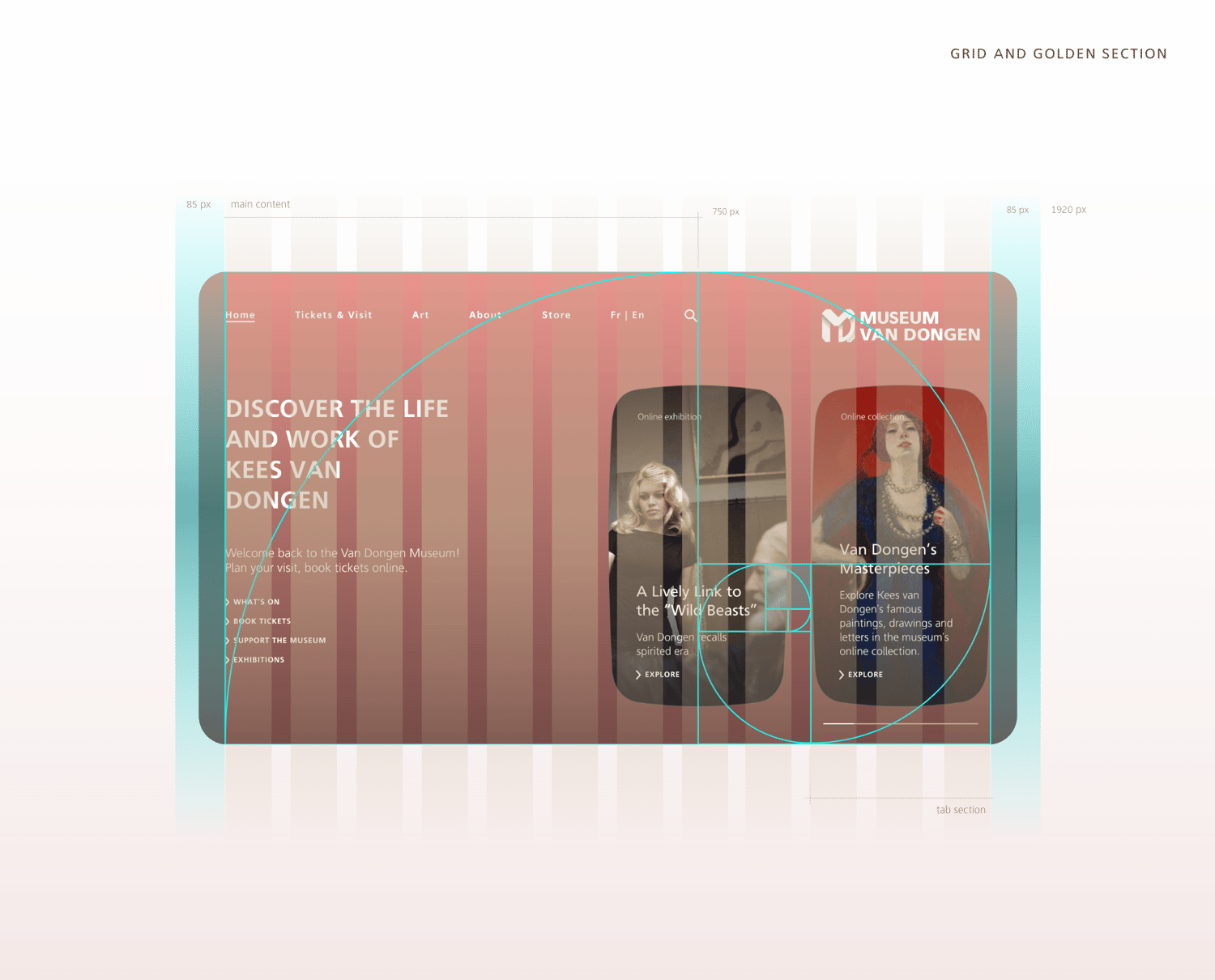 Technical diagram showing the column grid layout and a Golden Ratio spiral overlay applied to the web interface design to ensure visual harmony.