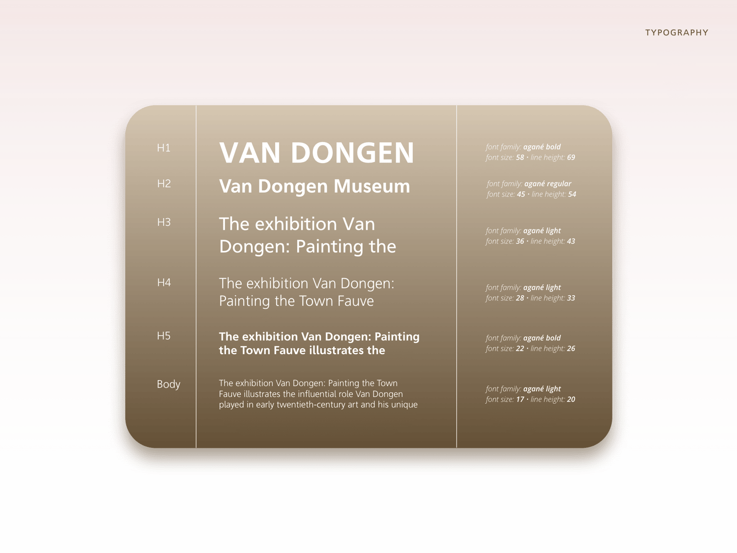 Typography style guide card. It lists the font hierarchy using the "Agané" family in various weights (Bold, Regular, Light) and sizes for Headings (H1-H5) and body text.