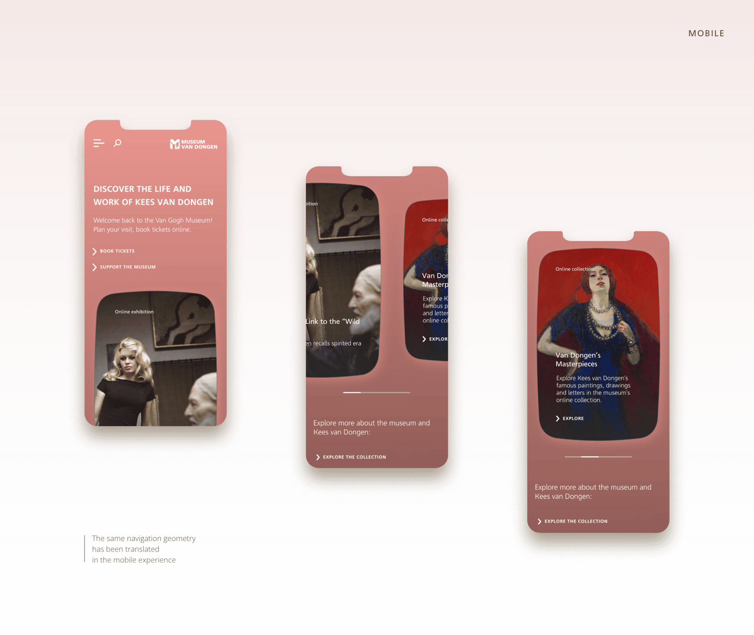 Mobile user interface mockup for a museum website displayed on three smartphones. The design features rounded cards, call-to-action buttons, and a warm salmon-colored background.