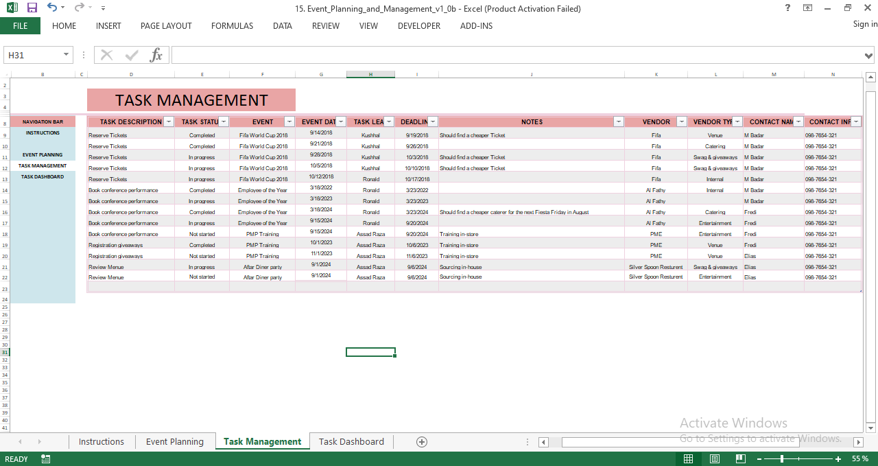 Event Task Dashboard in Excel displaying filtered event tasks, progress status, vendor details, deadlines, and notes using dropdown selectors and automated views.