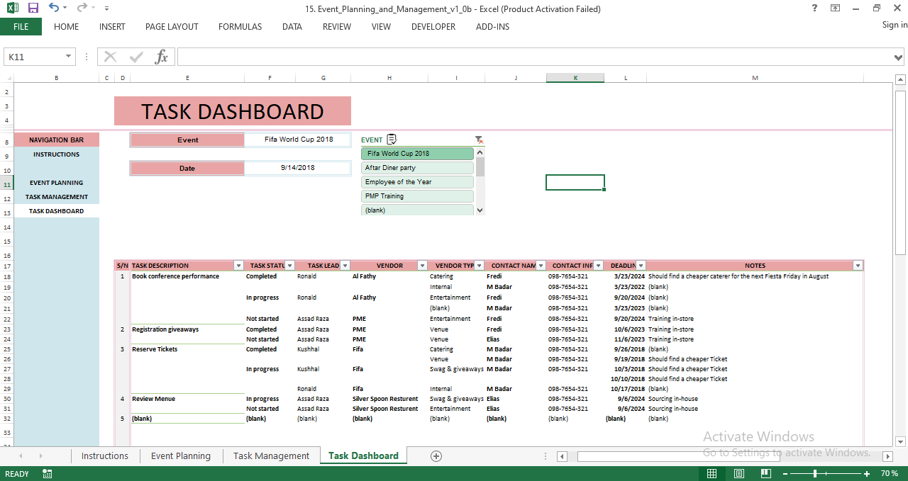 Event Task Management Spreadsheet with task descriptions, status tracking, deadlines, task leads, vendors, contact info, and event dates in a structured Excel table.