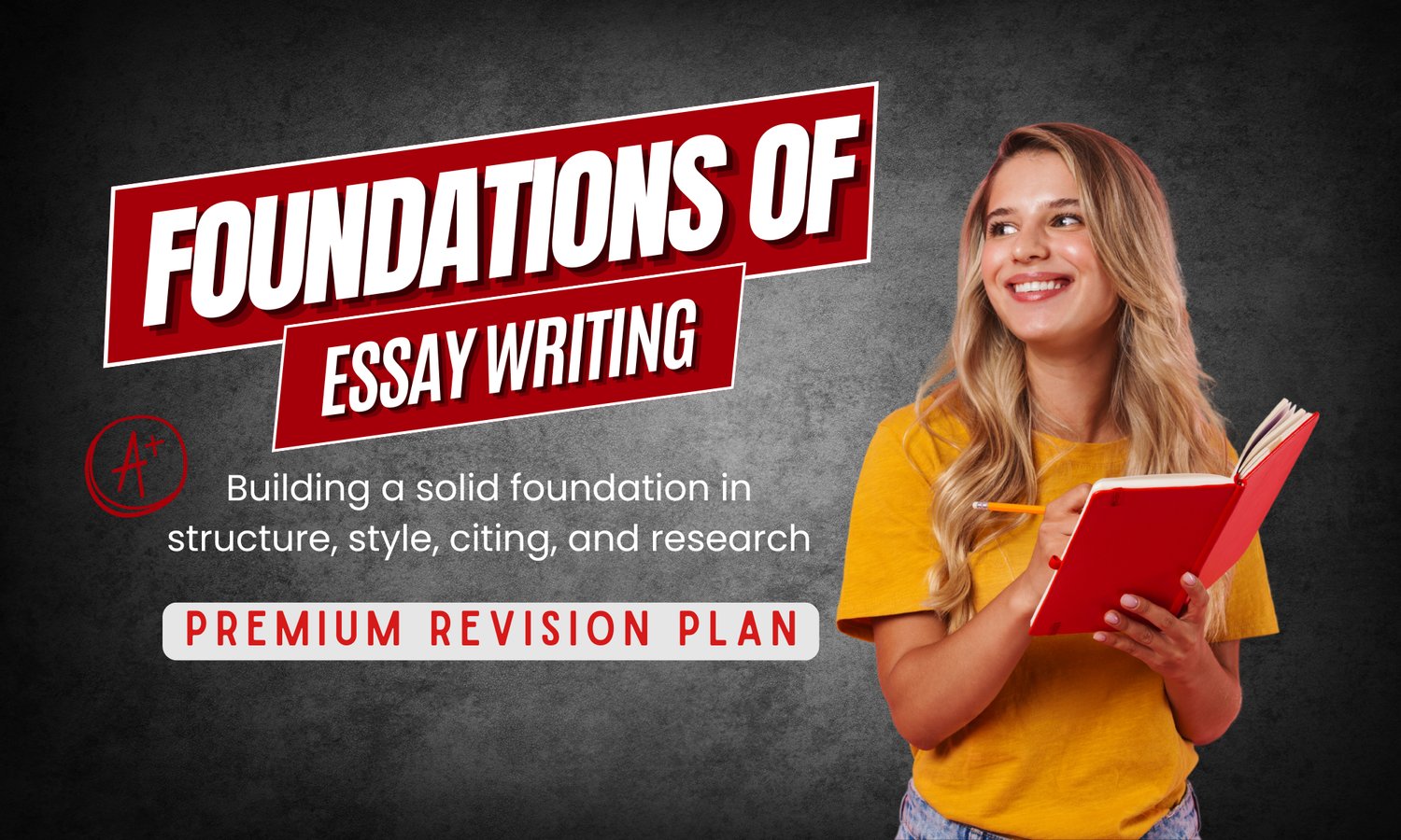 Foundations of Essay Writing course cover featuring a student holding a notebook, emphasizing structure, style, citing, and research.