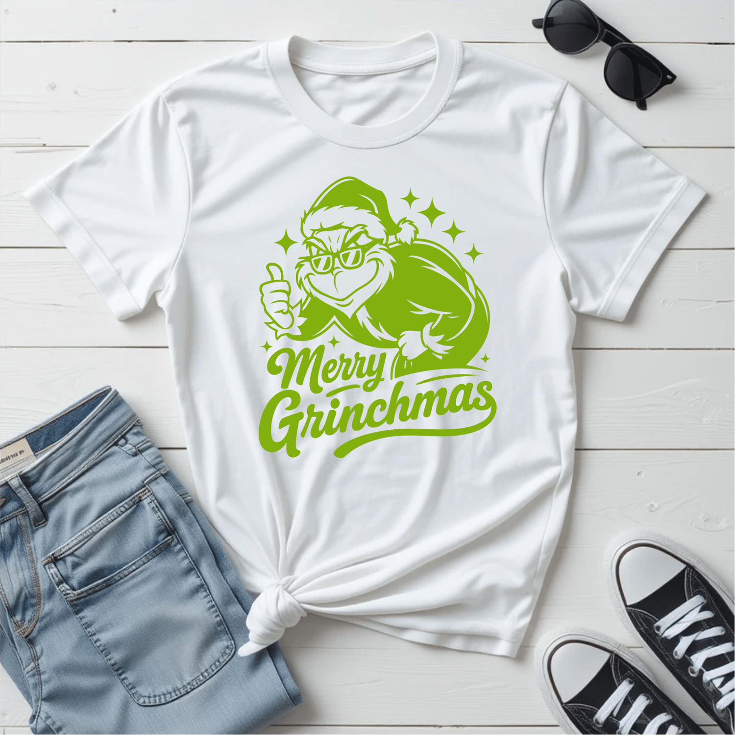 Mischievous and stylish Merry Grinchmas illustration featuring a cool Grinch in sunglasses with festive sparkles—perfect for shirts, stickers, crafts, and holiday digital projects