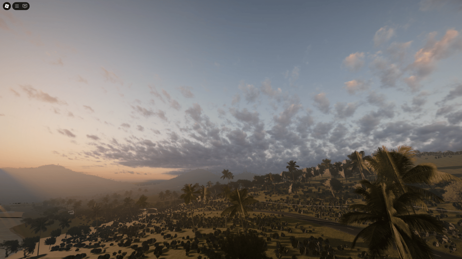 Beach town with palm trees and warm lighting