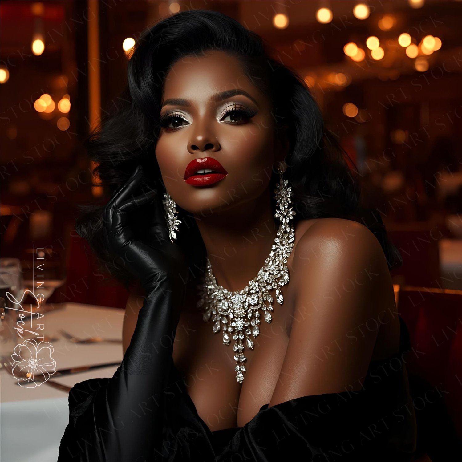 A stunning, close-up photograph of a glamorous Black woman seated at a fine dining restaurant, exuding confidence and sophistication. She is elegantly dressed in a black evening gown with matching long black opera gloves, featuring an off-the-shoulder nec
