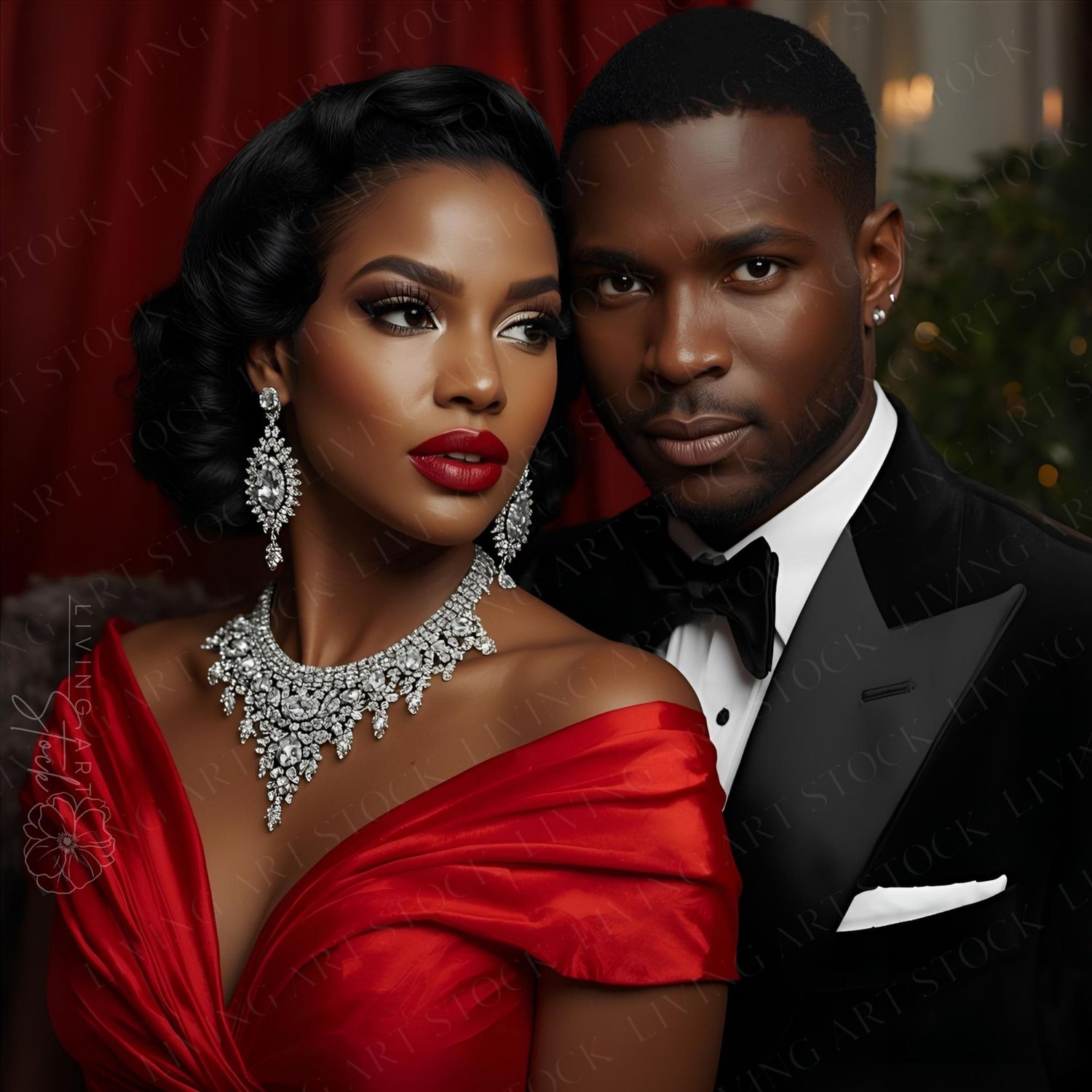 A striking, luxurious portrait of an elegant Black couple dressed in highly formal evening wear. The woman is the focal point, looking away from the camera with an intense, sophisticated gaze. She wears a vibrant red satin, off-the-shoulder gown that drap