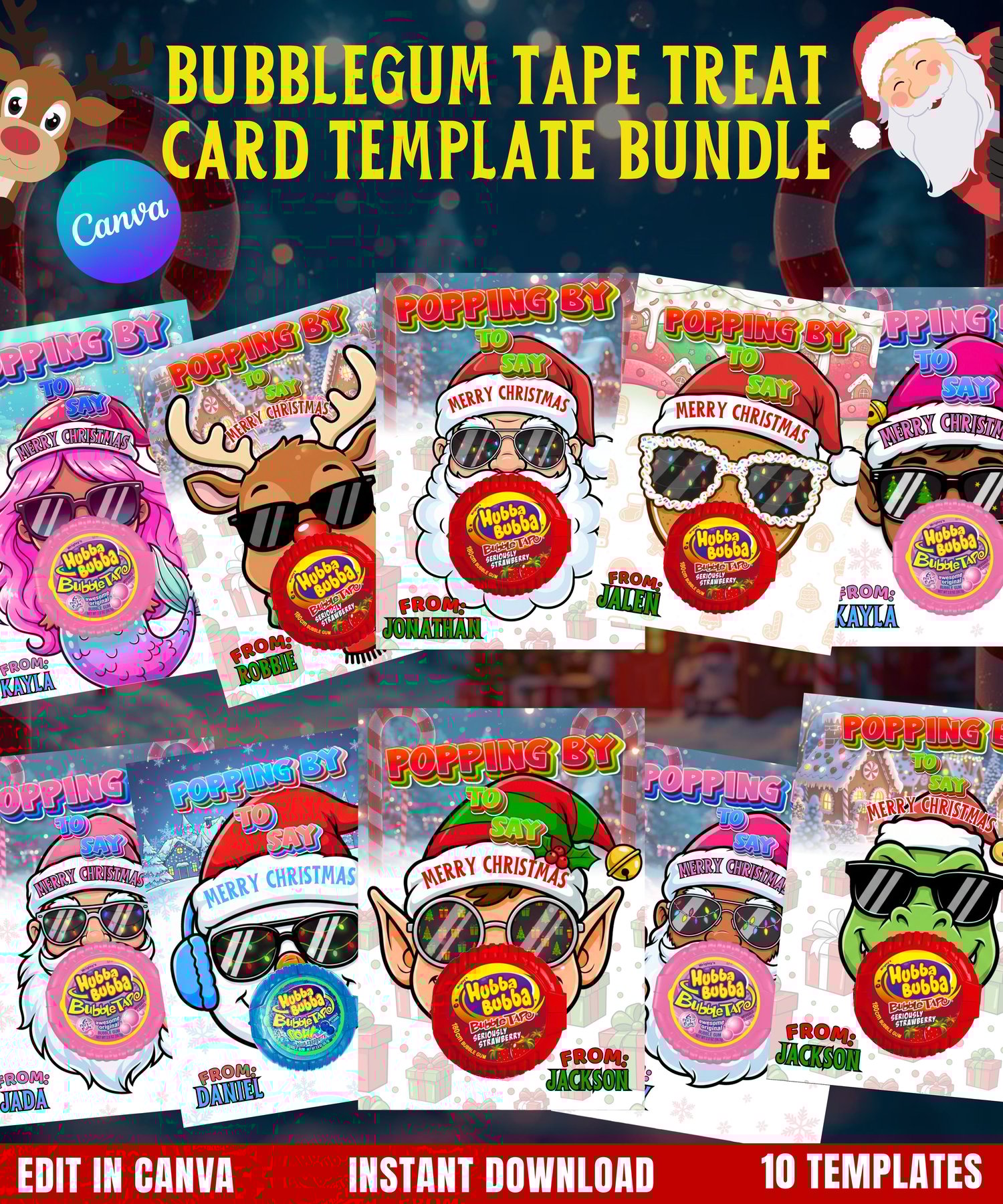 christmas treat card template  bubblegum tape gift tag  kids christmas printables  holiday classroom gift ideas  popping by to say merry christmas card  editable christmas tag canva  fun kids holiday treat templates  christmas gag gift for kids  candy gif