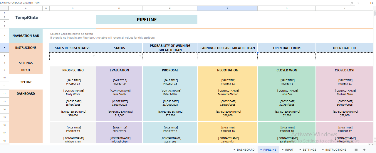 Sales Pipeline Input Sheet with structured table for contacts, company details, deal value, probability of winning, expected earnings, actual income, and sales stage in Excel