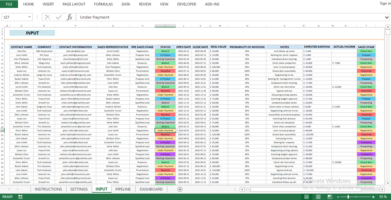 Sales Pipeline Board displaying deals organized by sales stages including Prospecting, Evaluation, Proposal, Negotiation, Closed Won, and Closed Lost with filtering options.
