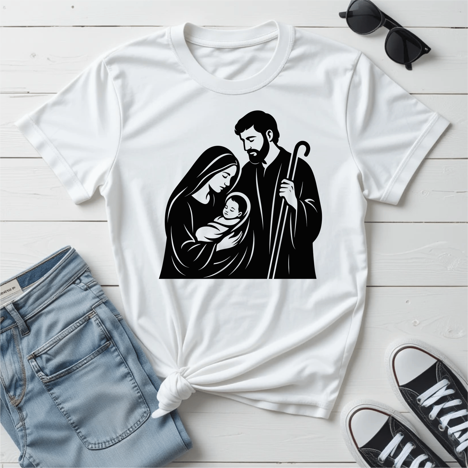 Timeless and meaningful Holy Family Nativity illustration featuring Mary, Joseph, and Baby Jesus—perfect for shirts, cards, church décor, and spiritual holiday projects