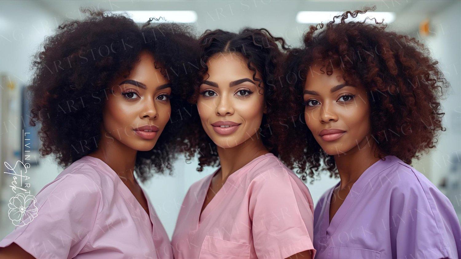 Three beautiful black women nurses with curly afros wearing pastel colored scrubs in a hospital setting