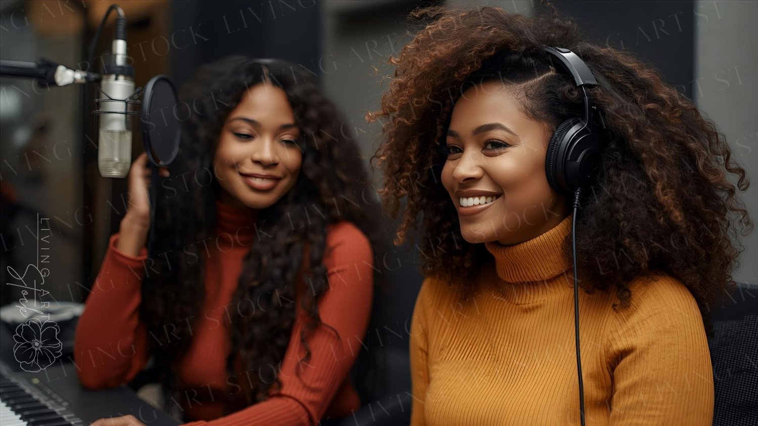 A friendly, mid-shot image featuring two young Black women collaborating in a recording studio environment, likely for a podcast, radio show, or voiceover work. The woman in the foreground wears a bright mustard yellow turtleneck and large, black over-ear