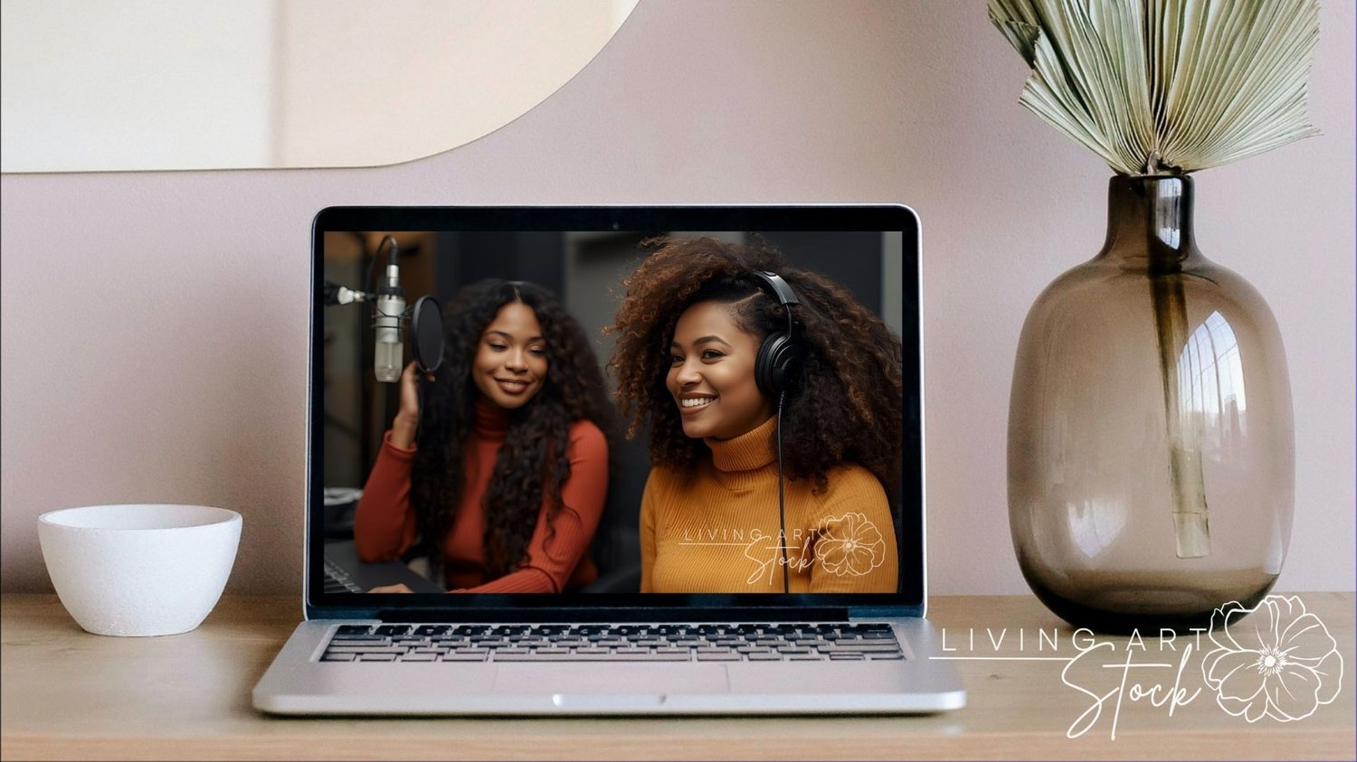 A friendly, mid-shot image featuring two young Black women collaborating in a recording studio environment, likely for a podcast, radio show, or voiceover work. The woman in the foreground wears a bright mustard yellow turtleneck and large, black over-ear