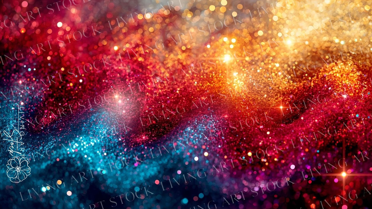 Beautiful wave of vibrant glitter in blue, red, and gold
