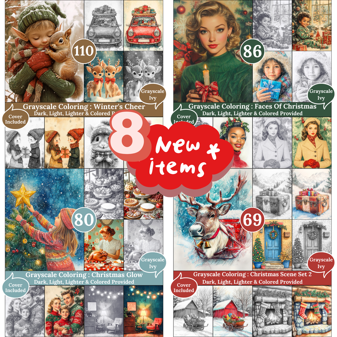 Grayscale Ivy — December 13, 2025 Memories of 8 grayscale coloring books for adults, printable PDF, each includes Dark, Light, Lighter & Colored versions.