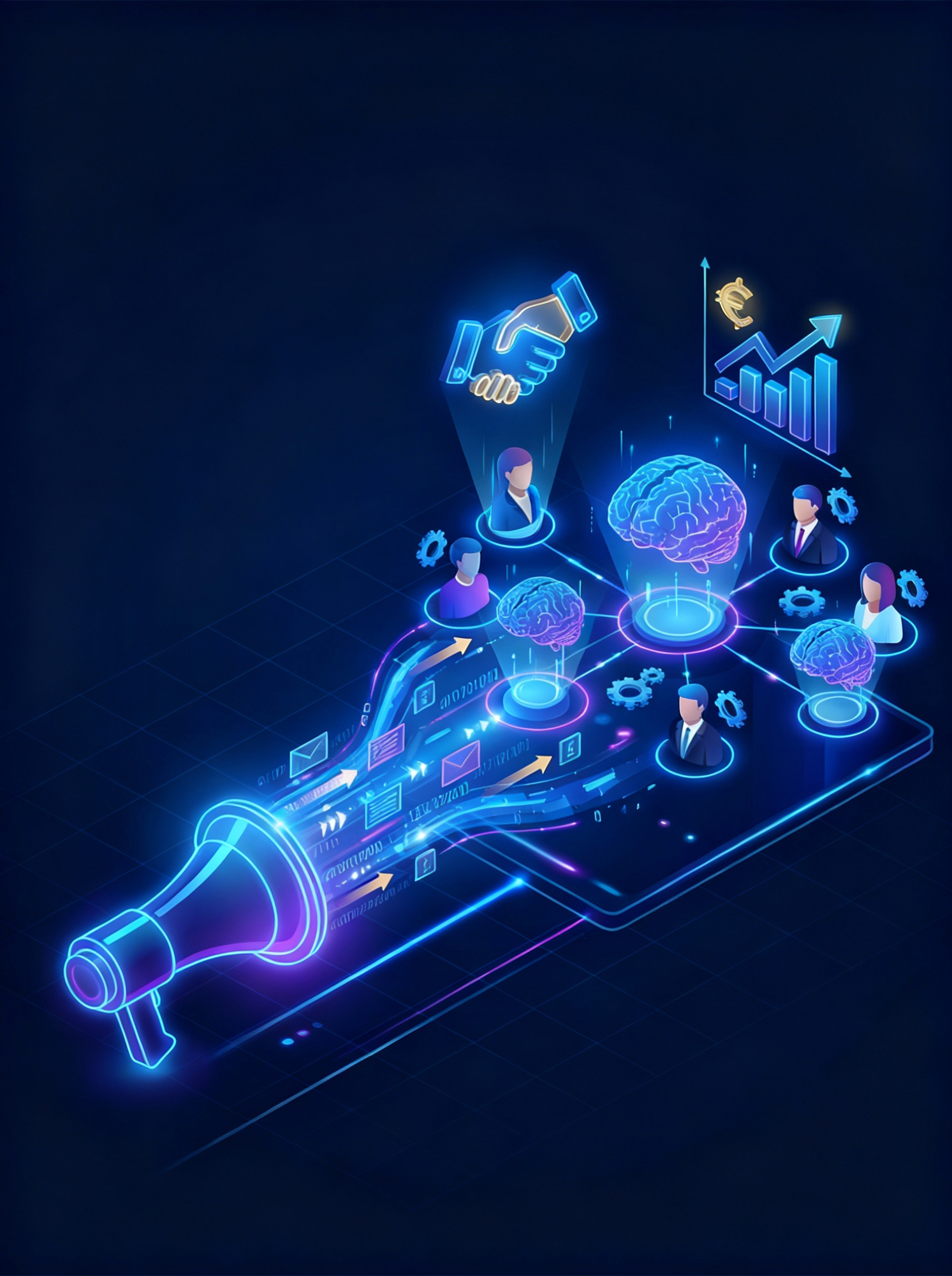 Illustration isométrique futuriste : un mégaphone numérique diffusant un message vers un réseau d'audience qualifiée (cerveaux et profils pros), symbolisant l'opportunité de sponsoring et de visibilité B2B.