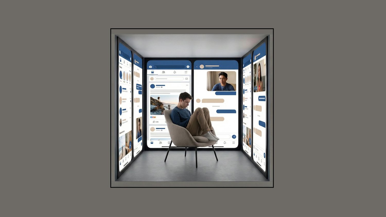 Vientuļš vīrietis sēz istabā, kur visapkārt viņam ir digitālie ekrāni.