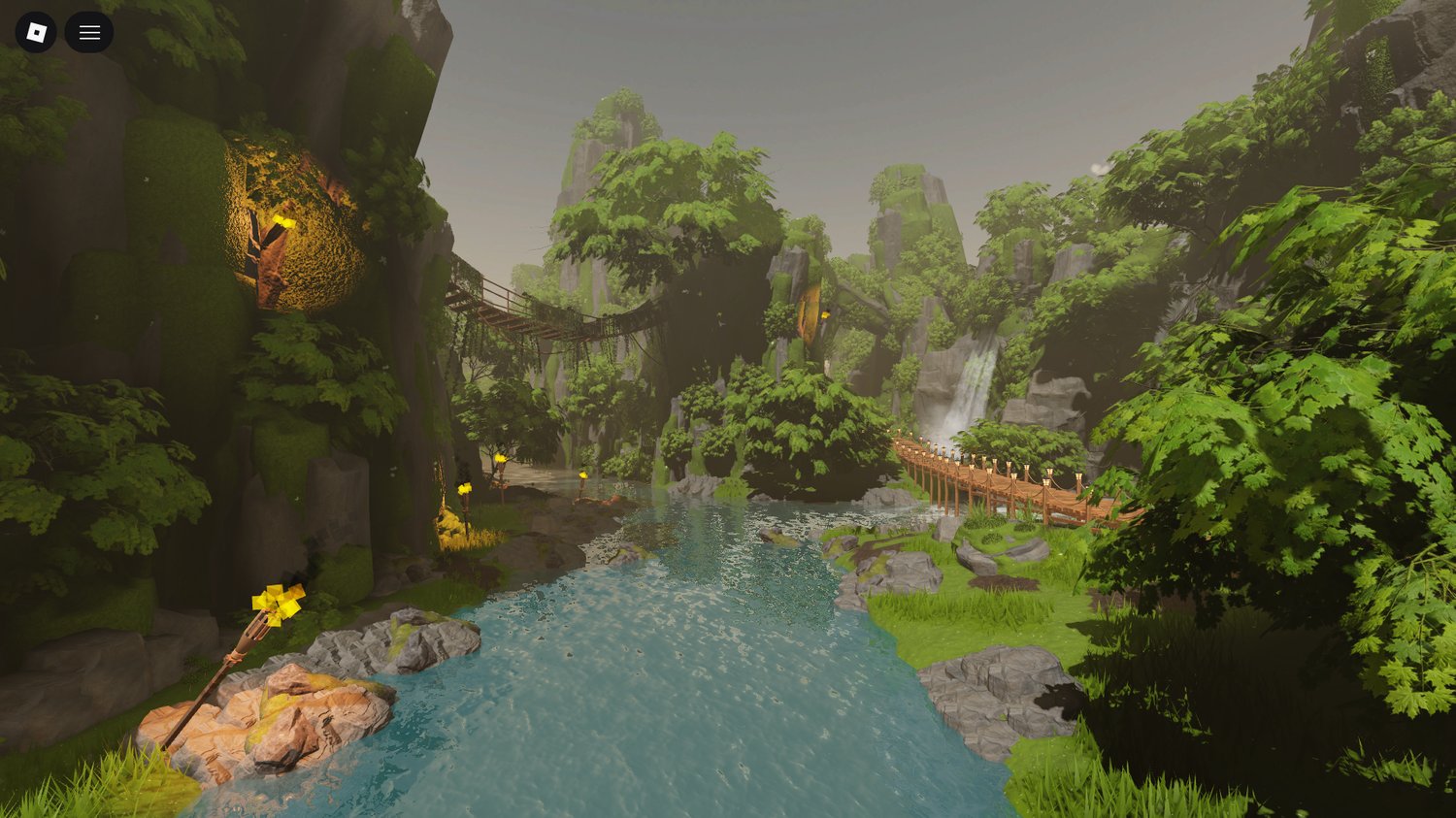 Waterfalls in lush Roblox jungle environment