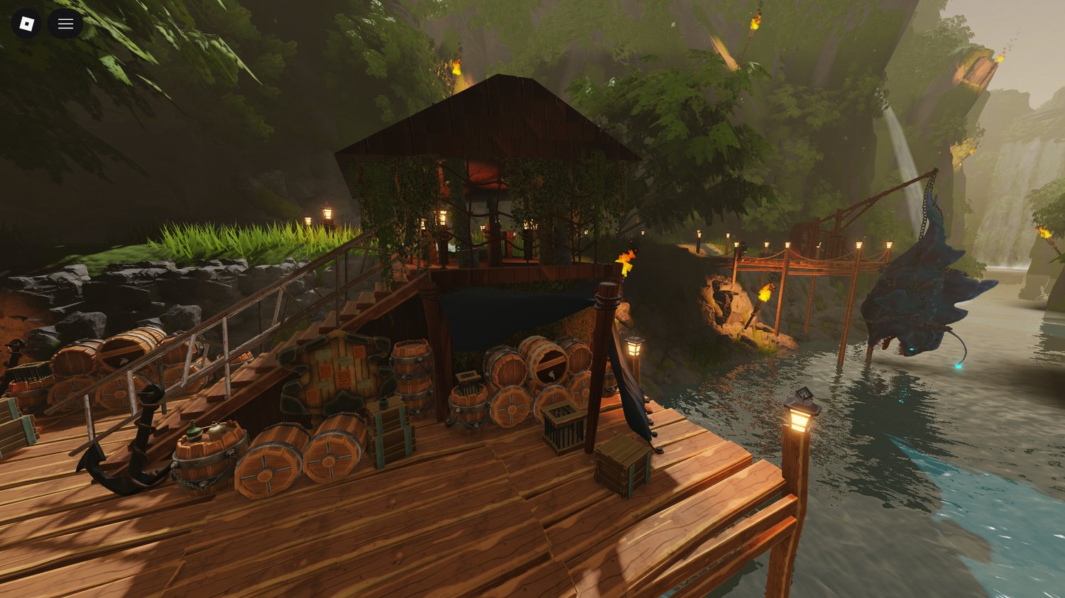 Tropical-style Roblox jungle with waterfalls