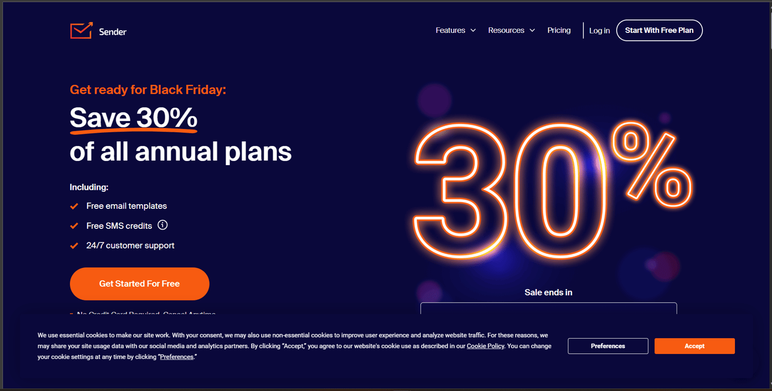 Sender: The Best Free Email Marketing Platform for Automation. Screen showing Sender Black Friday Promo