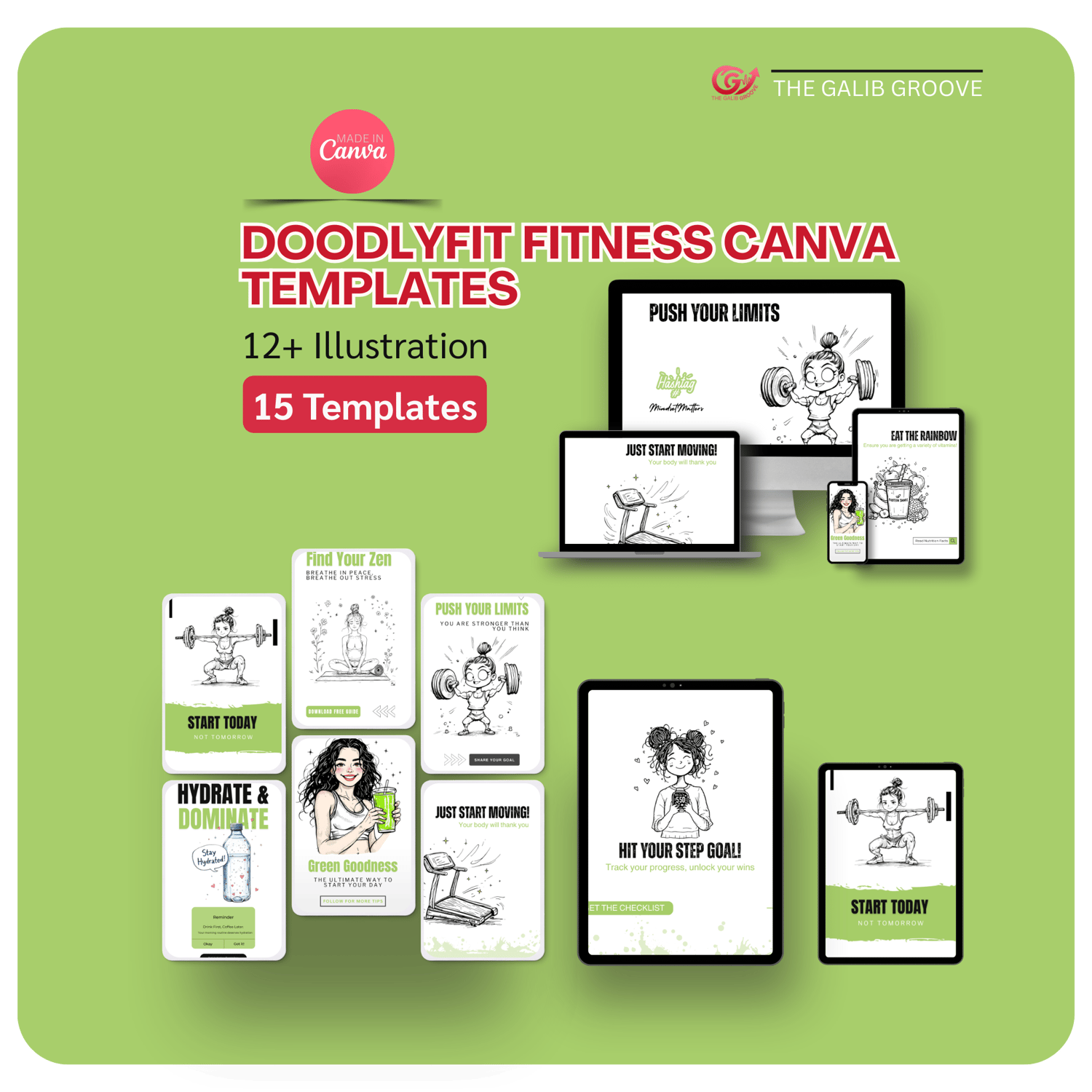 DoodlyFit Fitness Pack: 15 Canva templates + 12 doodle illustrations shown on computer/mobile mockups (posts & stories). Easy to edit.