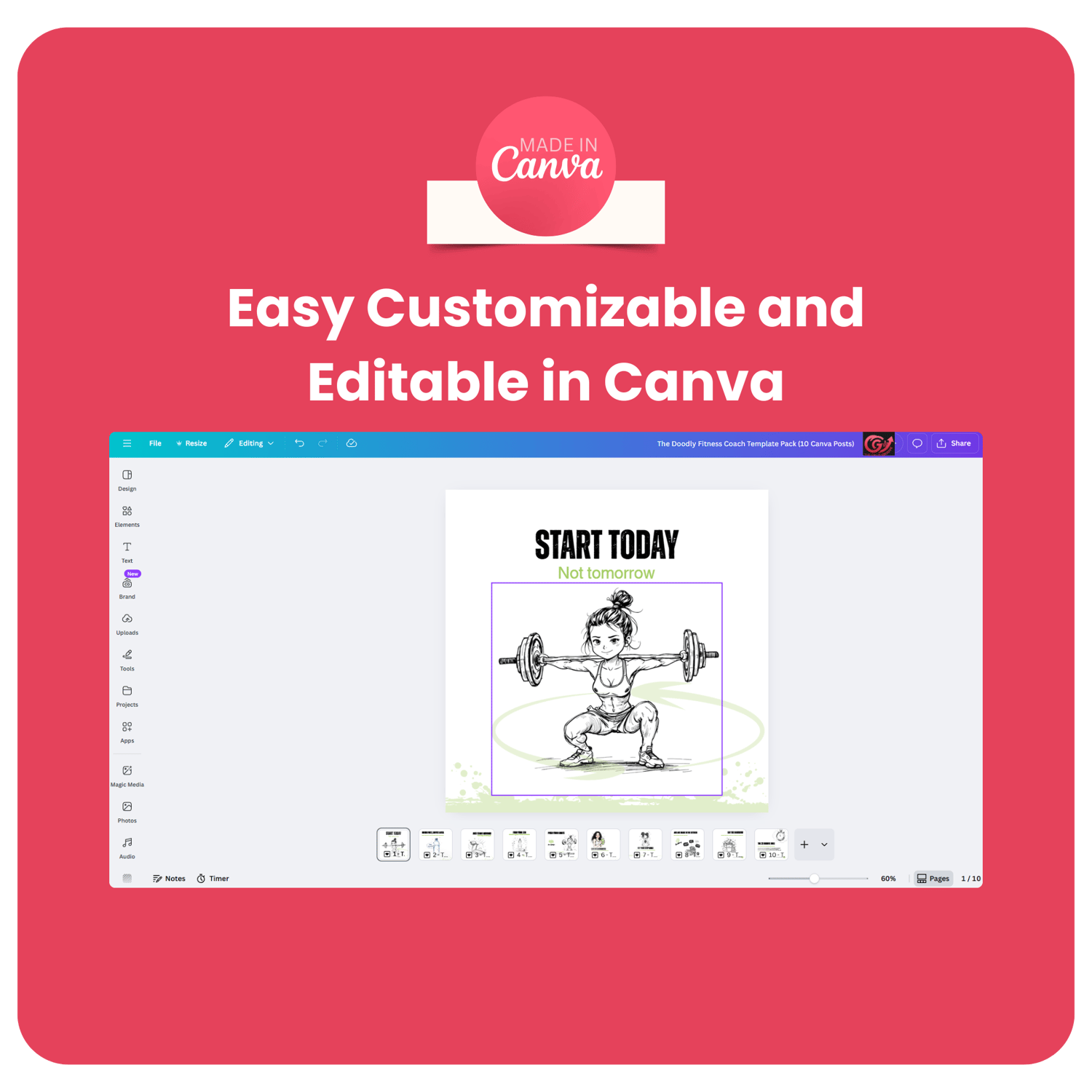 DoodlyFit Canva template being edited in the Canva interface, showing a "Start Today" doodle illustration with a woman squatting.