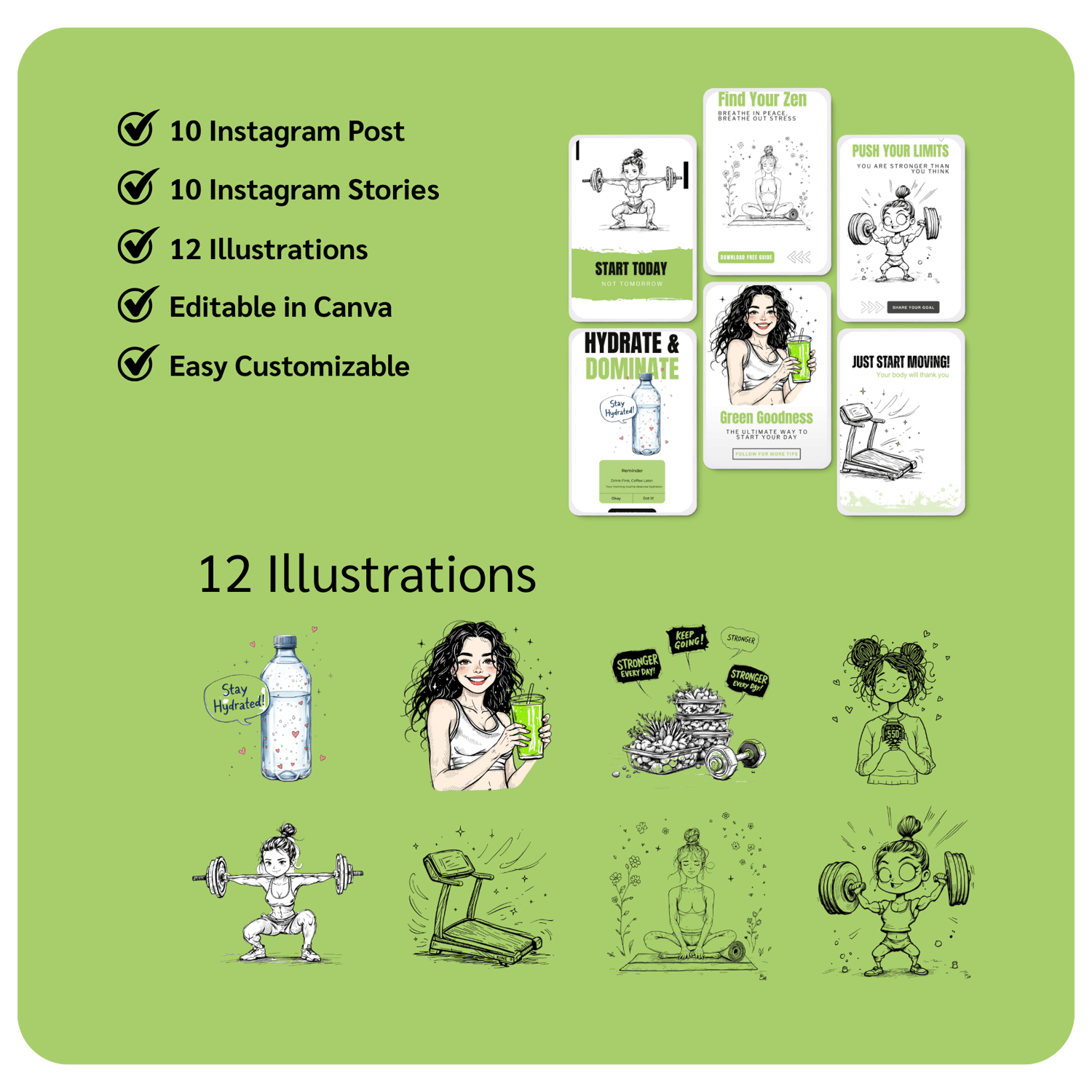DoodlyFit Fitness Templates features: 10 Posts, 10 Stories, 12 Illustrations. Editable in Canva. Shows 12 unique doodle sketch illustrations.