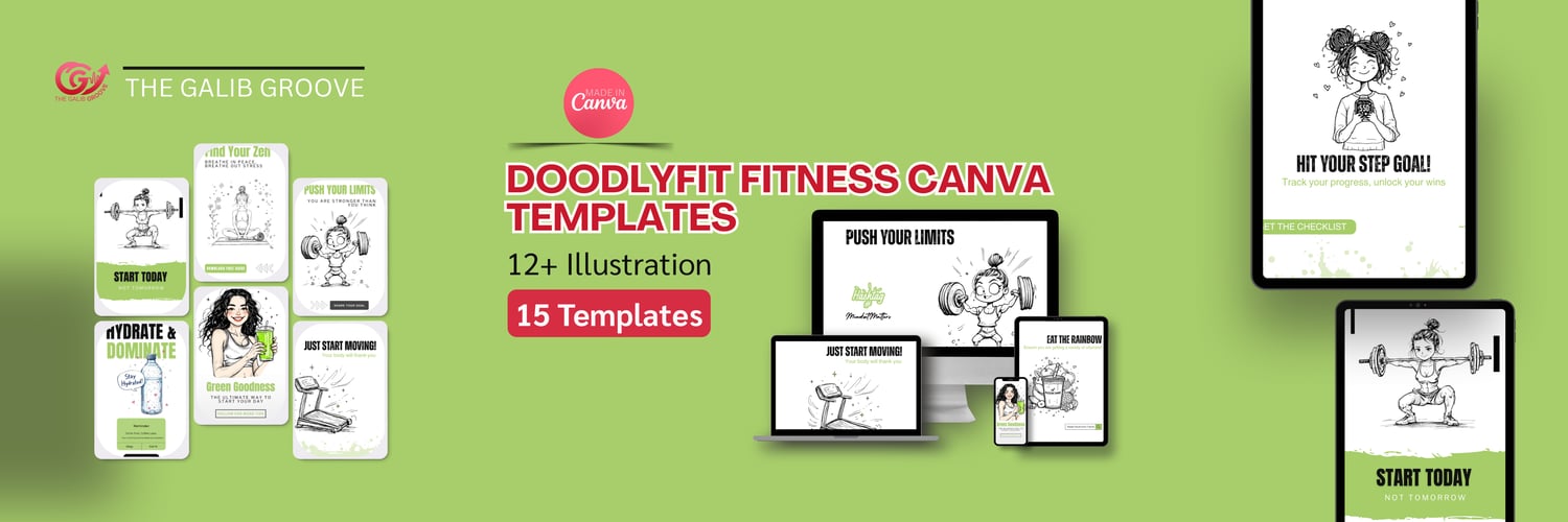 DoodlyFit Fitness Pack: 15 Canva templates + 12 doodle illustrations shown on computer/mobile mockups (posts & stories). Easy to edit.