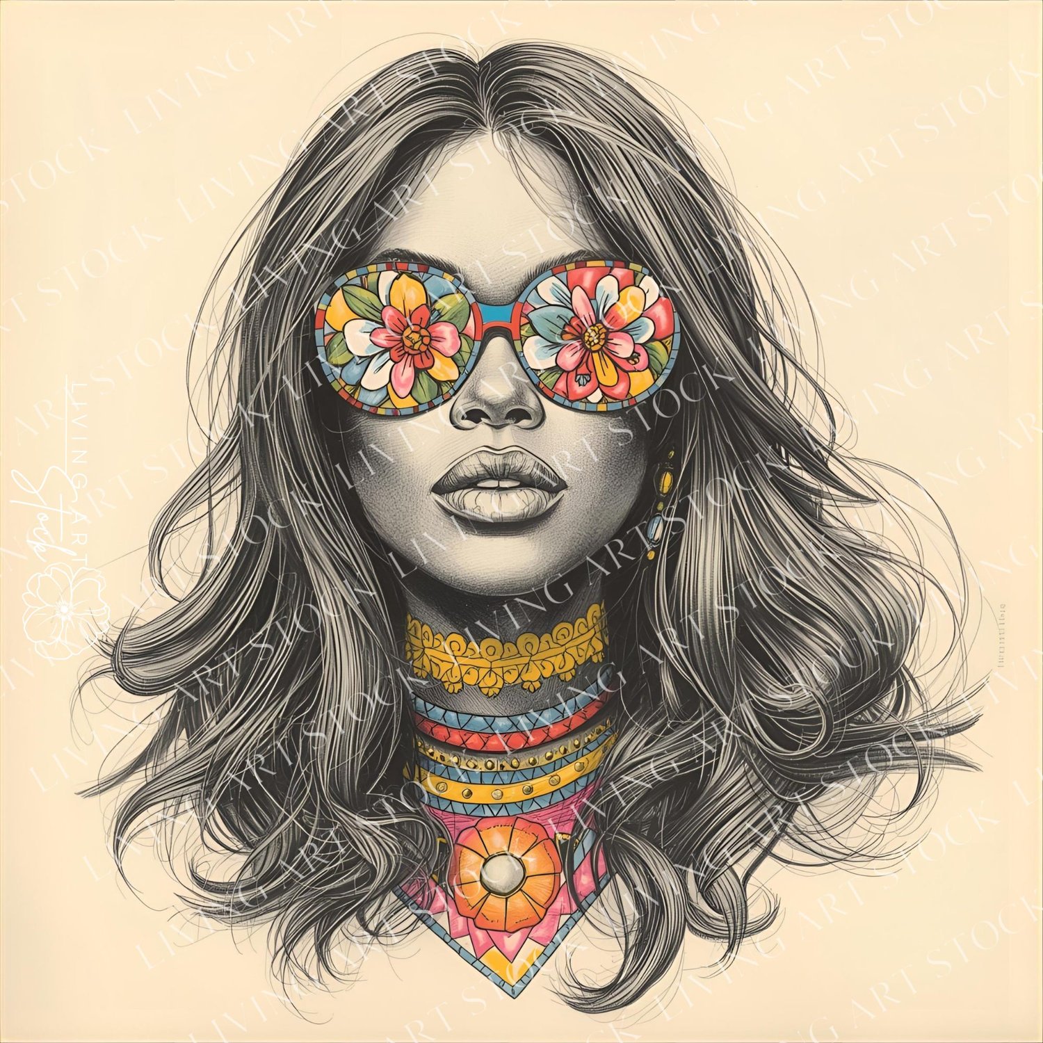 A detailed, high-contrast, black and white sketch-style portrait of a young woman with long, flowing wavy hair. The image is striking due to the vibrant, full-color accents on her accessories: large, circular sunglasses featuring a stained-glass or mosaic