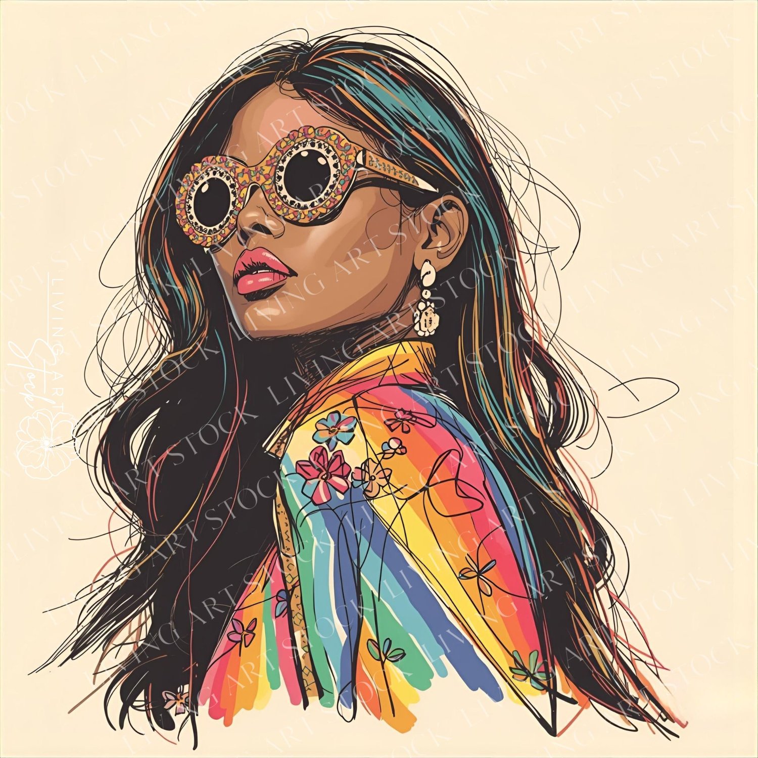 A stunning, stylized illustration of a fashionable Black woman exuding a modern hippie aesthetic or bohemian flair. Her long, flowing dark hair features subtle highlights of color, and she is confidently looking up and away from the viewer. She is wearing