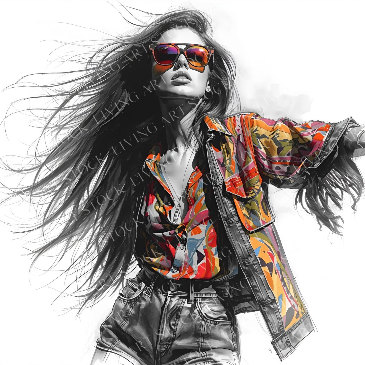A powerful, high-contrast illustration or sketch of a fashionable young woman captured in a dynamic pose. The image employs a striking selective color technique, rendering the model and her flowing, windblown long hair in dramatic black and white, while h